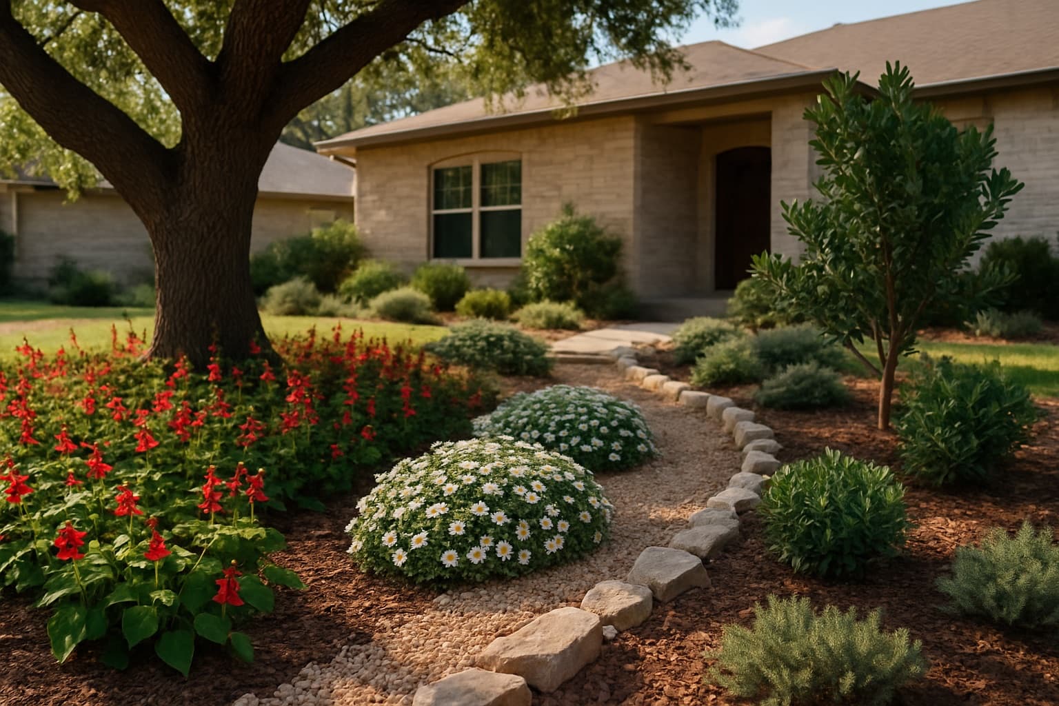 A New Braunfels front yard where lawn has been replaced with drought-tolerant Texas natives, cedar sage and blackfoot daisy beds edged with limestone