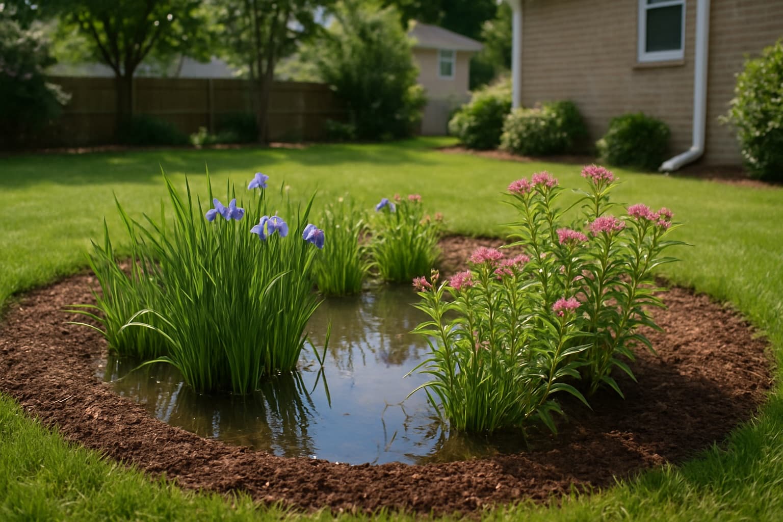 A backyard rain garden planted with native sedges and flowering perennials in a North Carolina suburban yard, with a shallow basin catching runoff from a downspout.