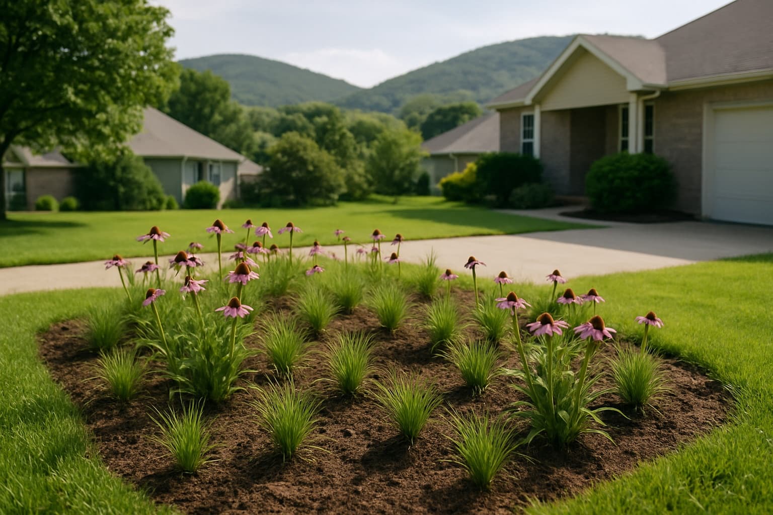 A Northwest Arkansas front yard rain garden freshly planted with native grasses and perennials in a shallow basin, Ozark foothills homes in the background.