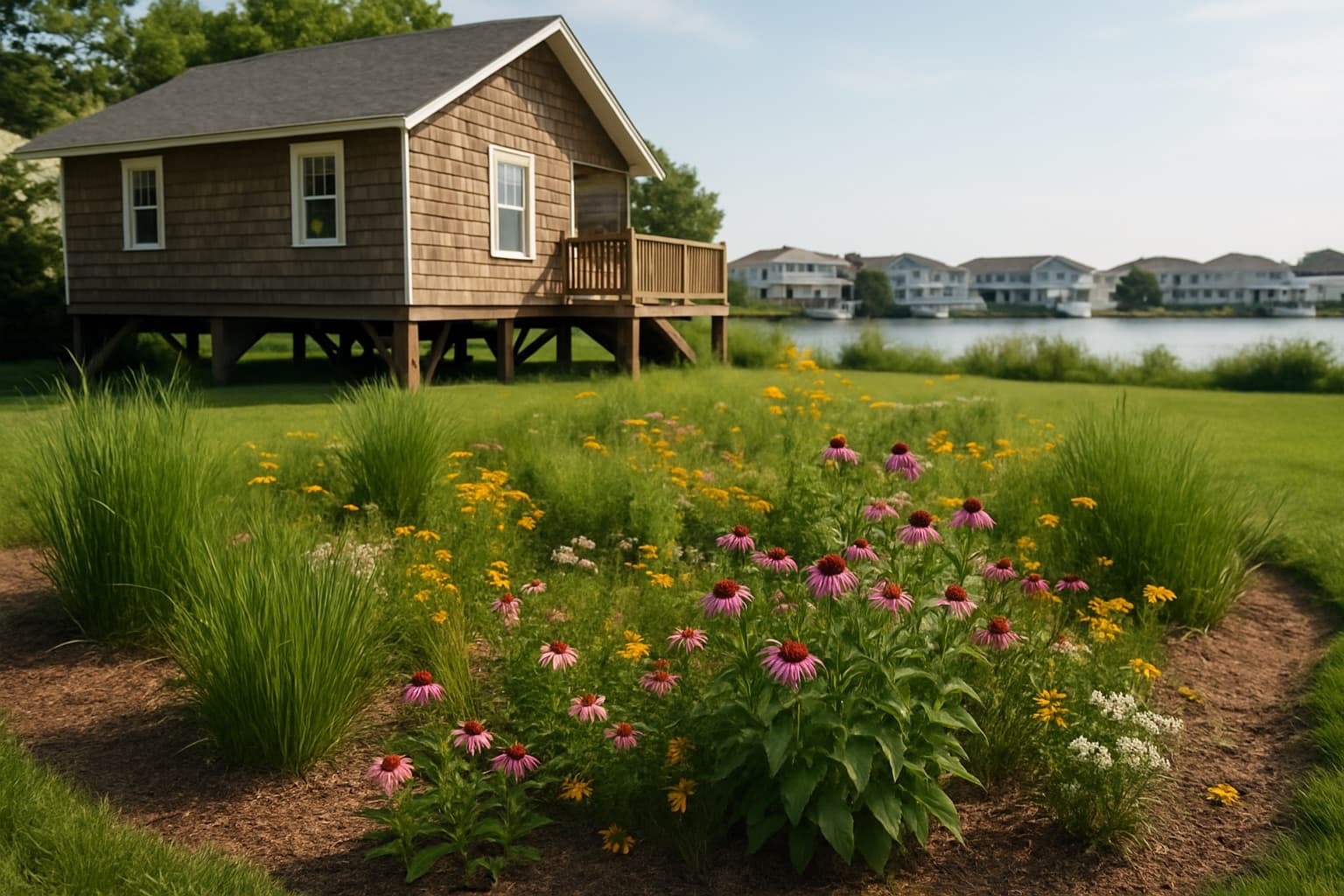 A coastal Maryland front yard bioretention garden planted with native grasses and wildflowers near a raised beach cottage, Ocean City bay-side homes in the background.