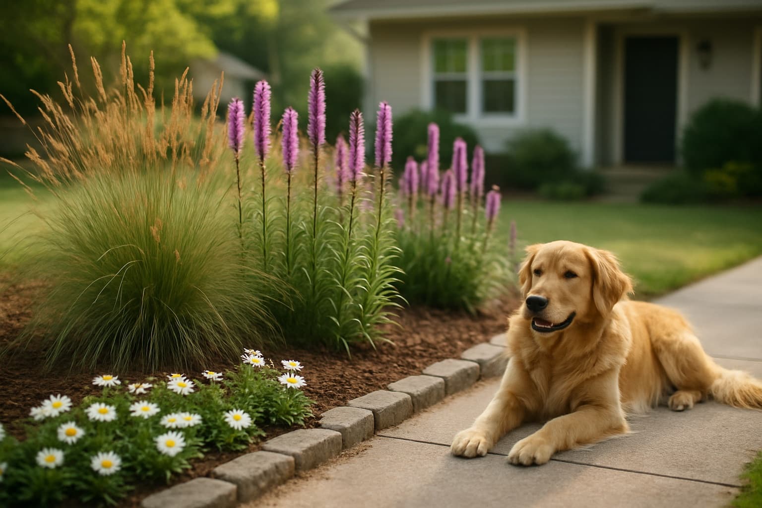 A calm suburban front-yard bed of native grasses and purple and white wildflowers with a dog resting on a stone path beside it