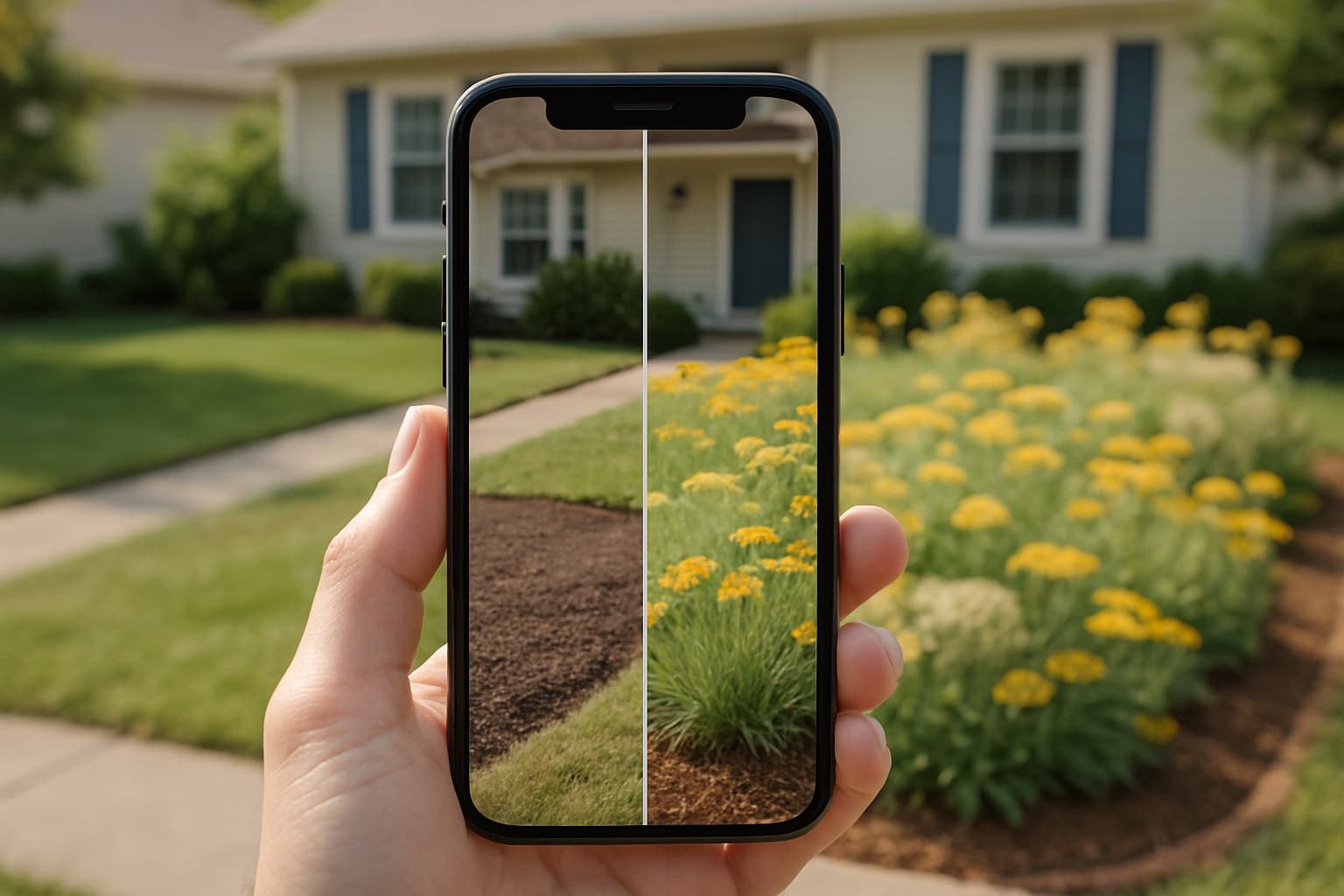 A phone showing a before-and-after native plant garden design held in front of a tidy suburban front yard with low native plantings