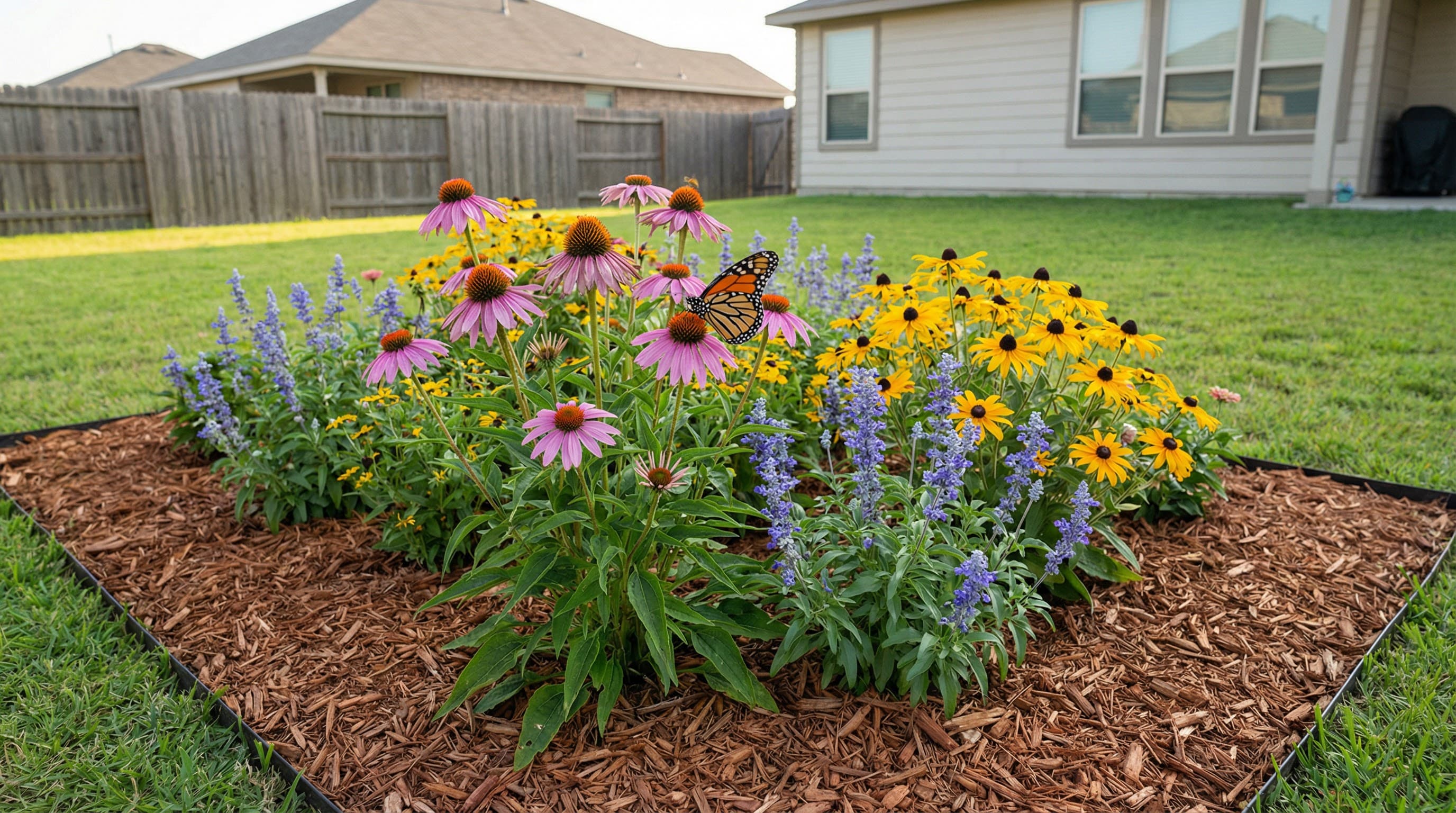 California native garden with low-growing fire-resistant plants including California buckwheat and fuchsia
