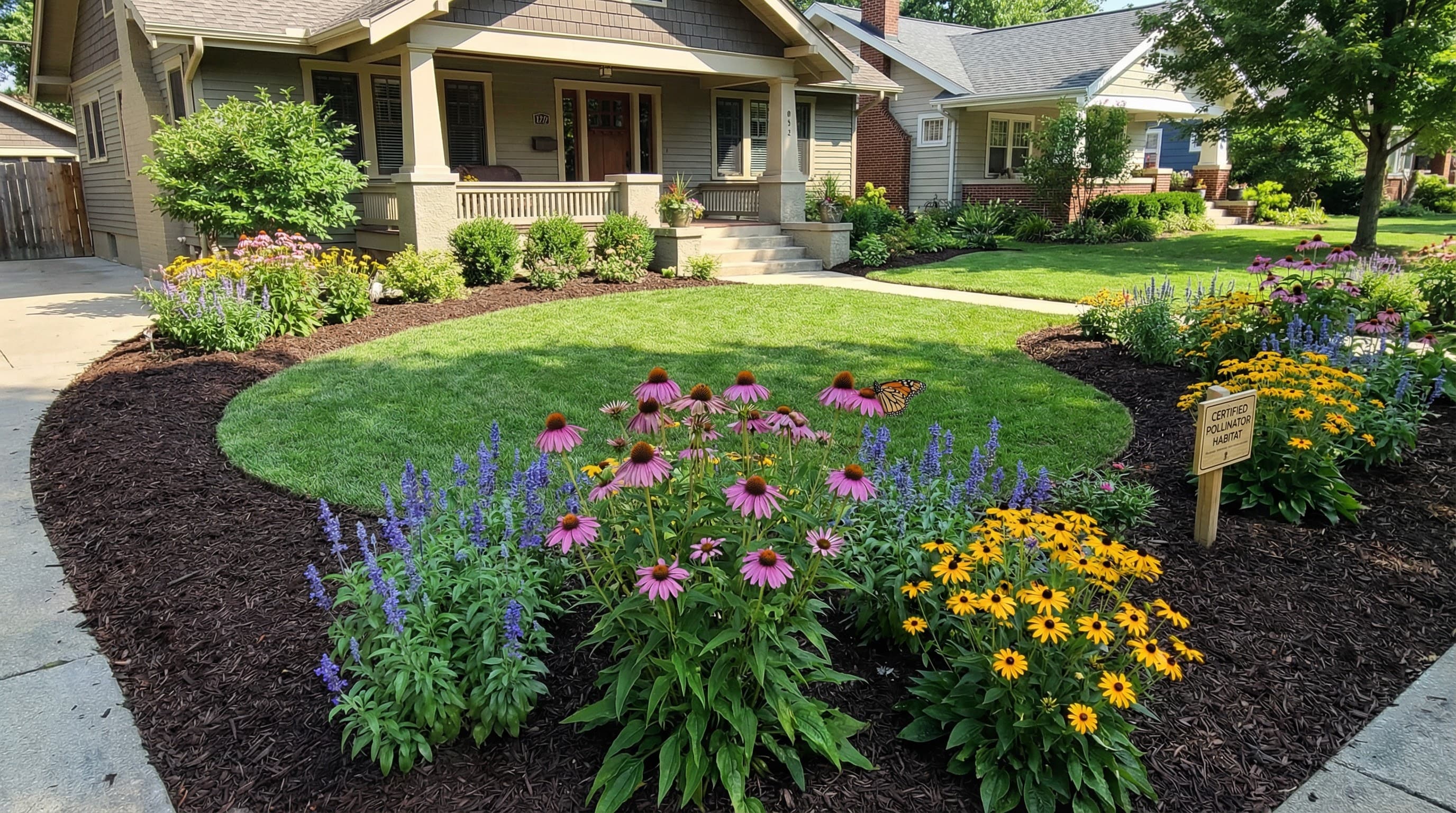A neat front yard with grouped native pollinator plants and clean-edged beds