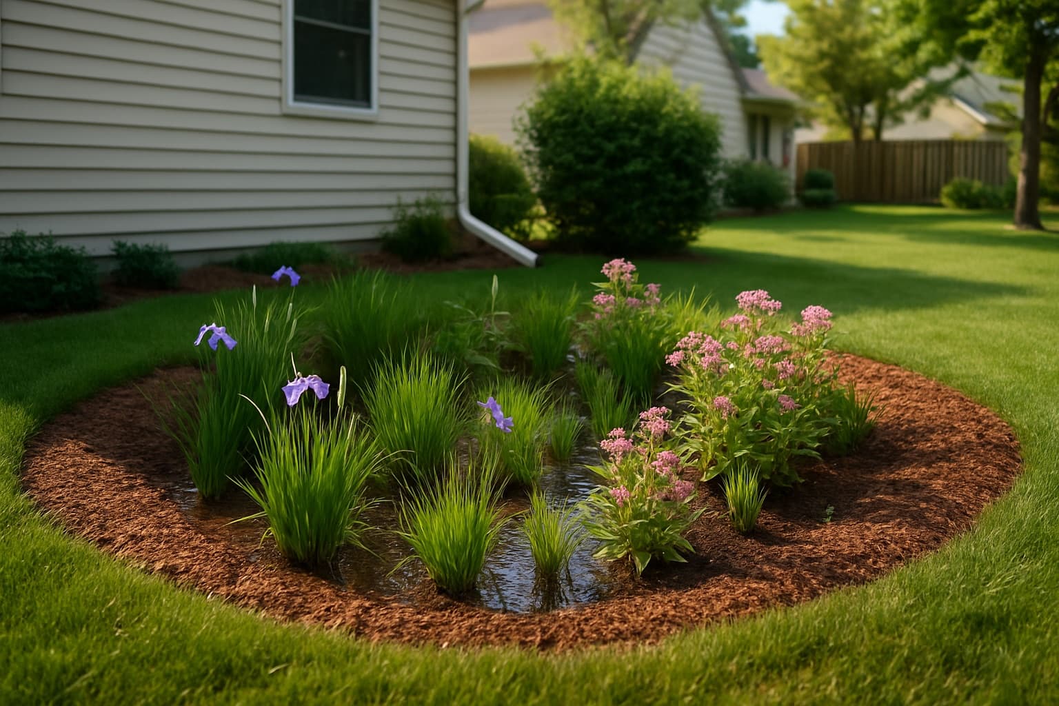 A completed rain garden with native sedges and wildflowers in a Rice Creek Watershed District, Minnesota front yard, catching runoff from a downspout