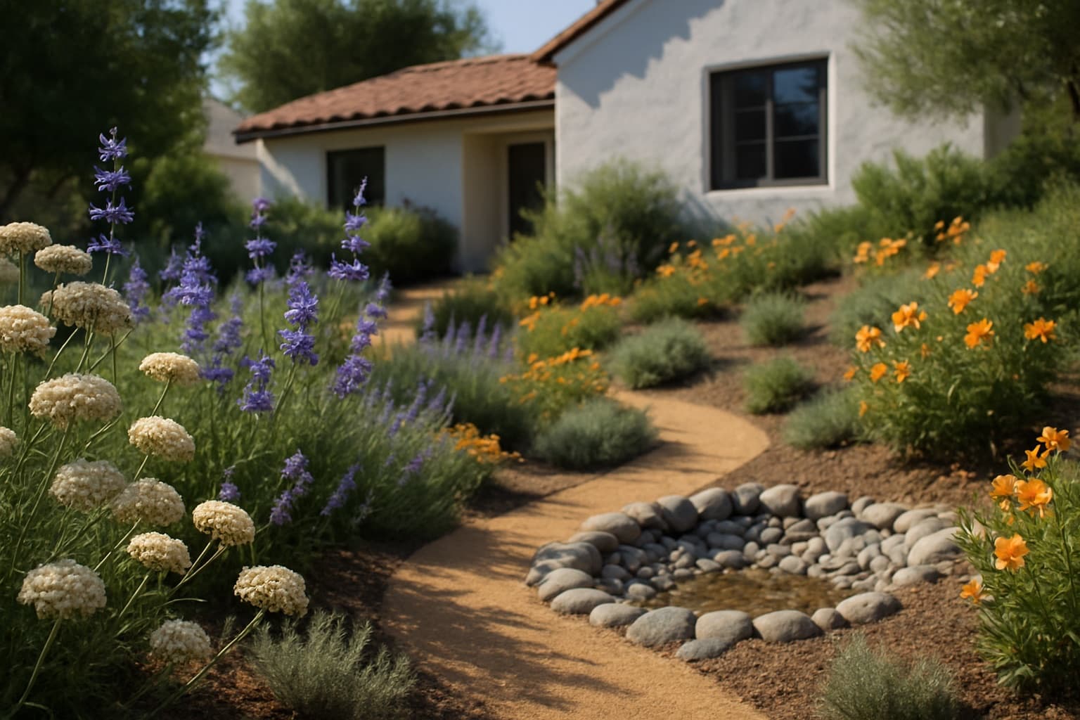 A San Diego front yard replanted with coastal sage scrub natives, California buckwheat and Cleveland sage on a gentle slope, stucco home behind