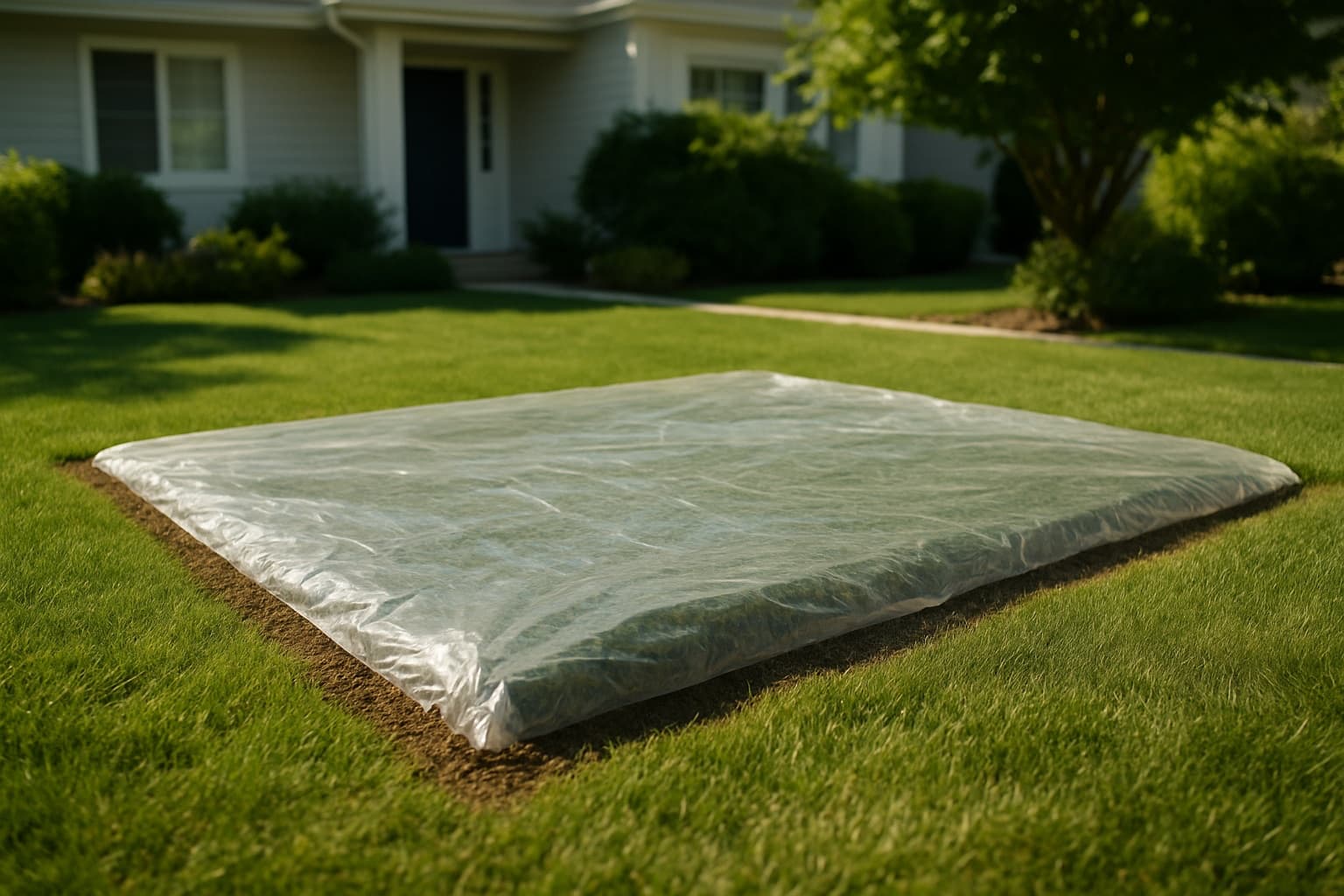 Clear plastic sheeting pinned over a rectangular section of lawn in a sunny suburban front yard, edges buried in soil