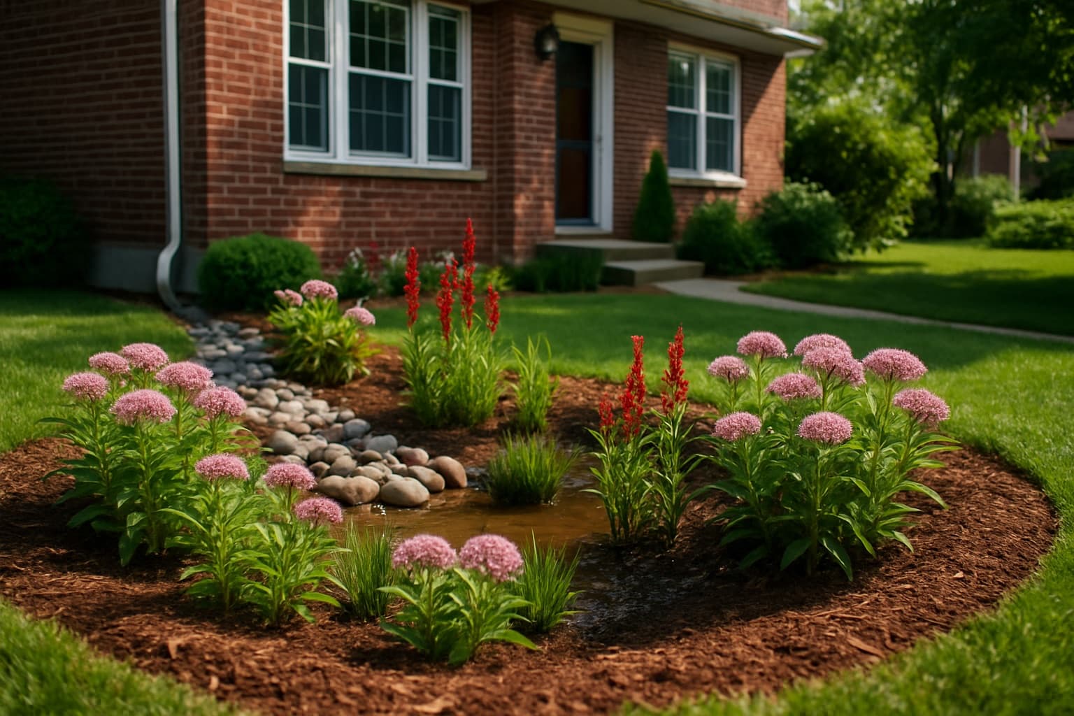 A St. Louis front yard rain garden in a shallow planted basin with swamp milkweed and cardinal flower, brick home behind