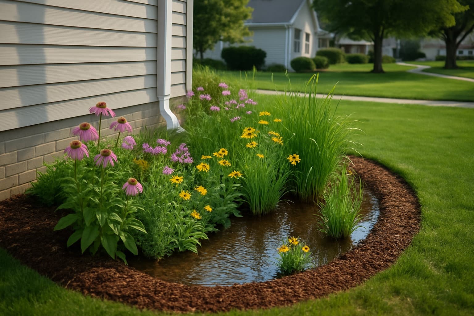 A residential front-yard rain garden beside a downspout, planted with purple coneflower, black-eyed Susans, and native grasses, with a clean mulched edge and water soaking into the basin.