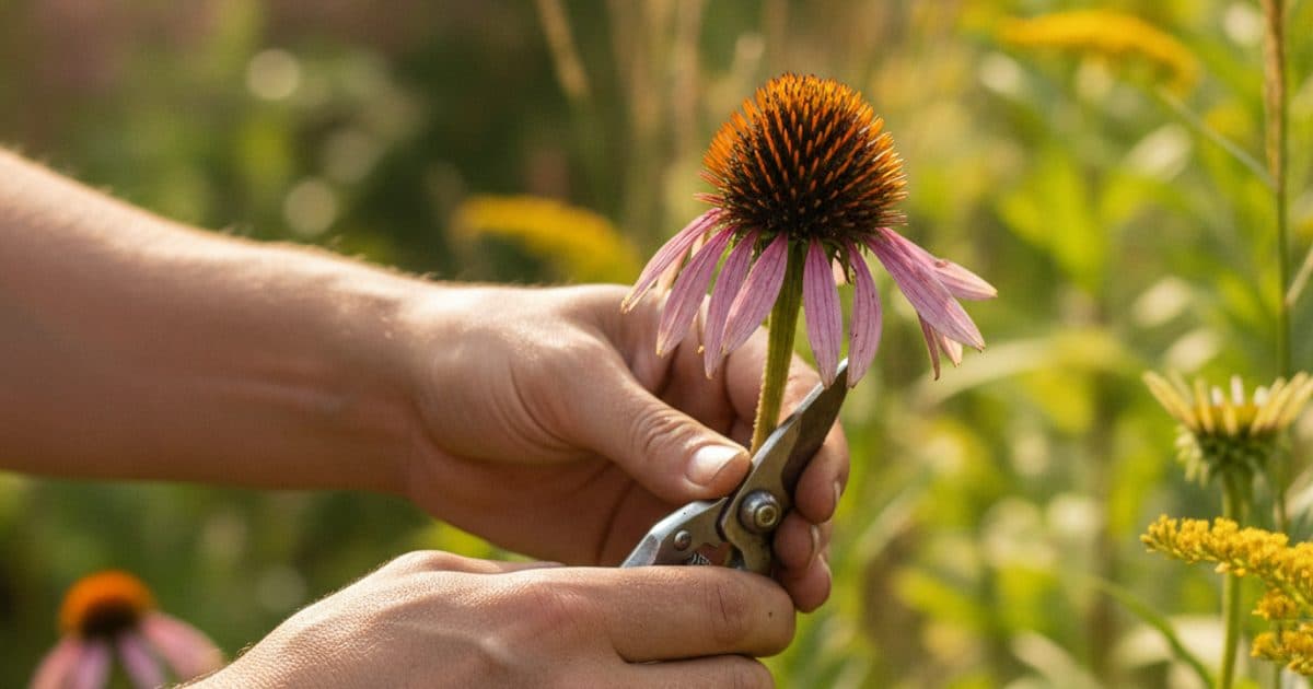 Hands using pruning snips to deadhead a spent purple coneflower bloom in a sunny garden
