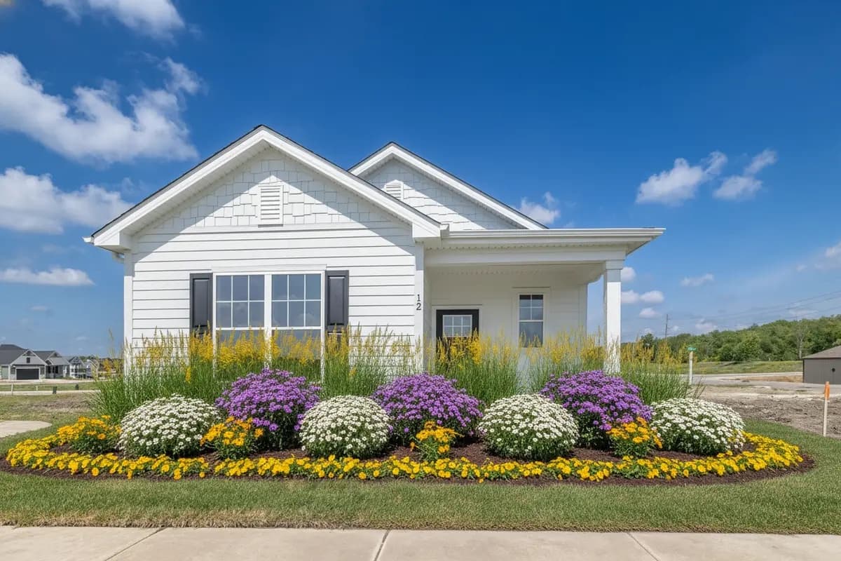 A native Texas front yard with mealy blue sage, black-eyed susan, and gulf muhly grass replacing turf, photographed in the Blackland Prairie ecoregion