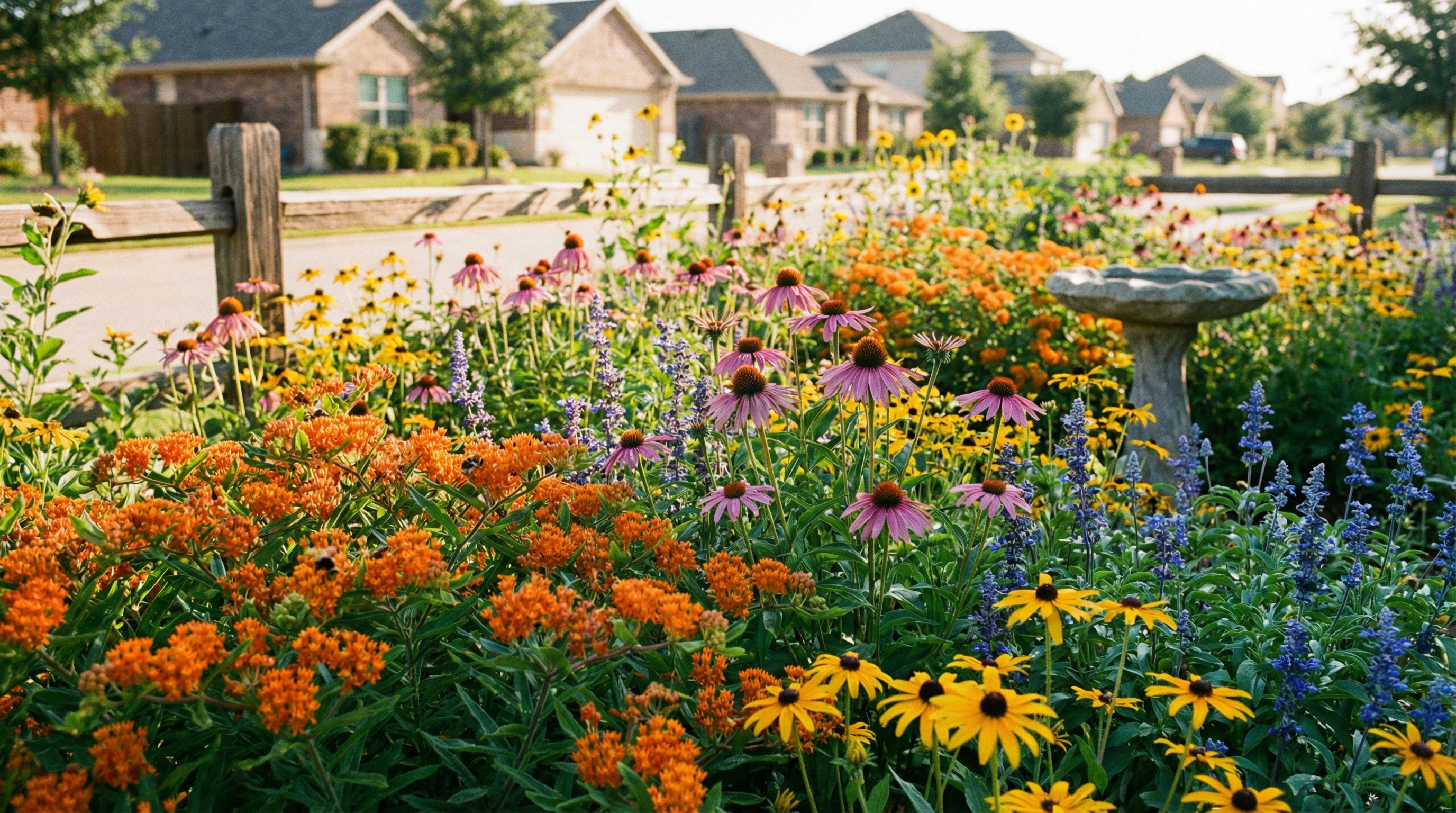 Texas native wildflowers including purple verbena and prairie grasses in a Fort Worth area front yard