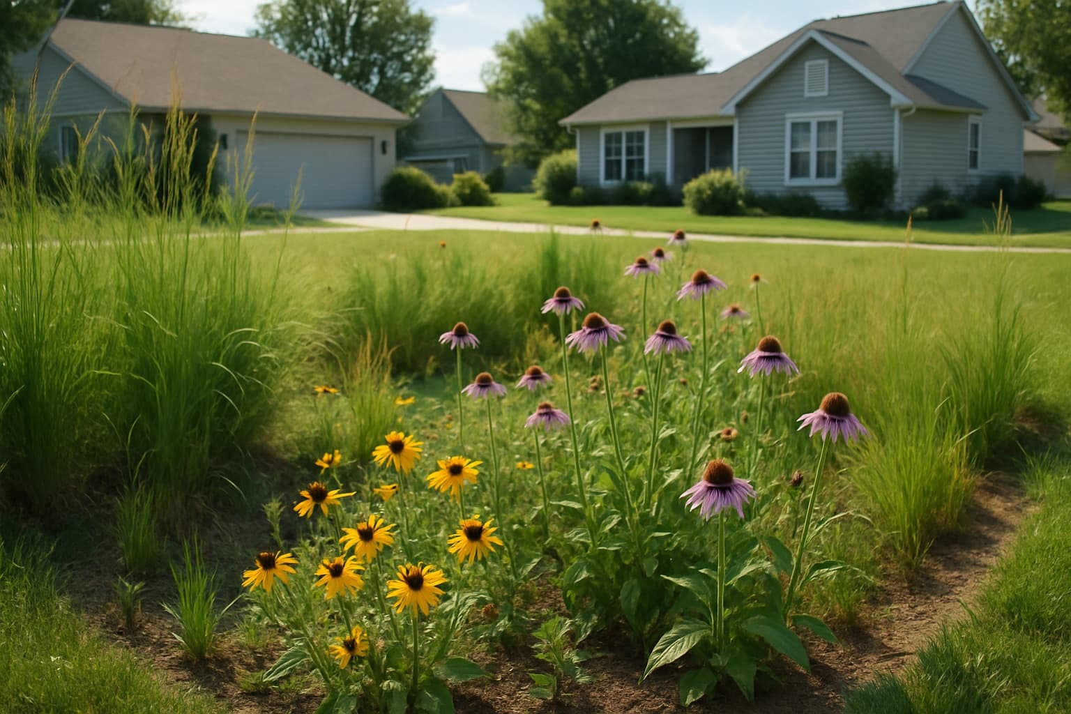 A Tippecanoe County, Indiana front yard rain garden planted with native prairie grasses and wildflowers in a shallow basin, Lafayette-area homes in the background.