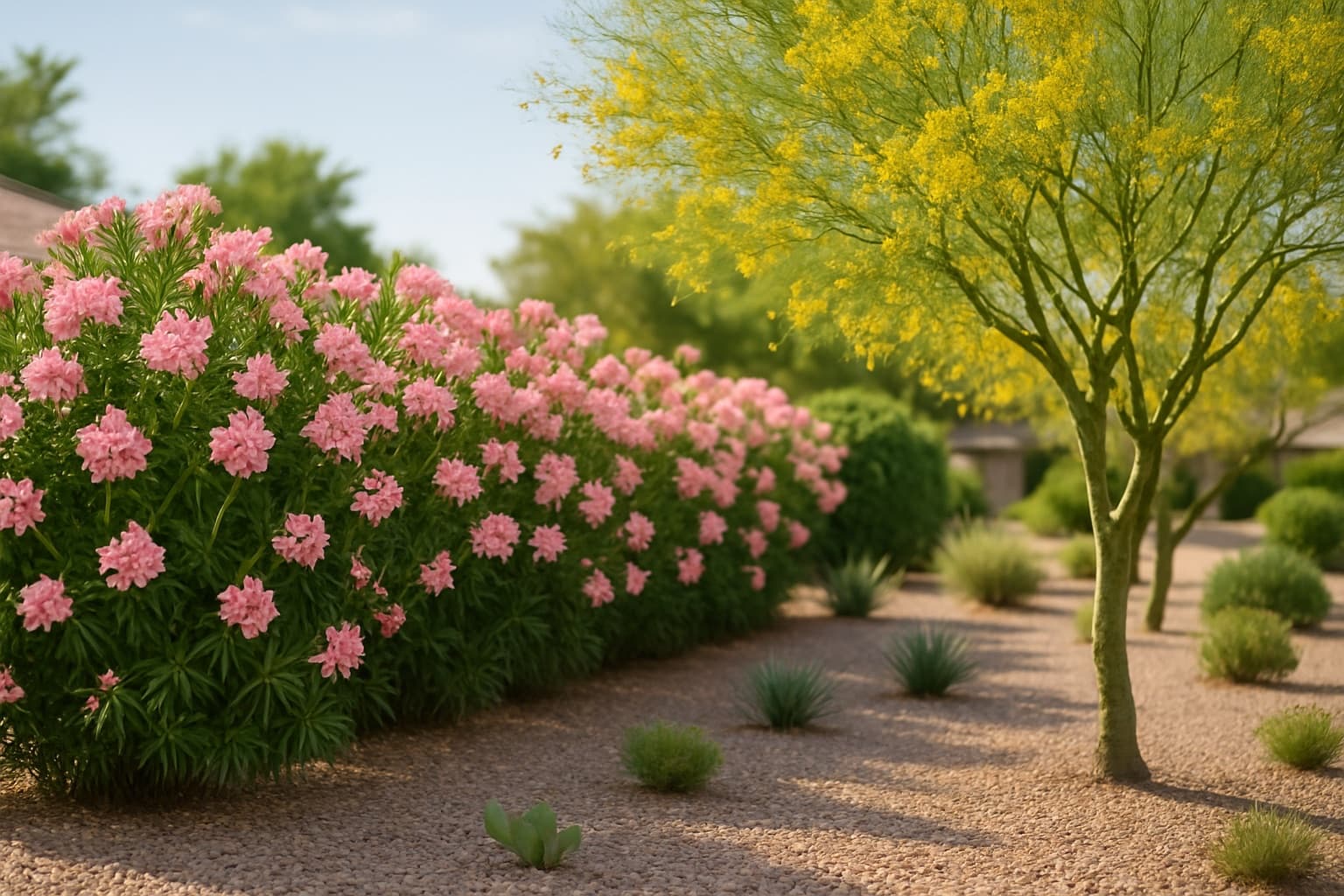 A Phoenix-area xeriscape yard with a blooming oleander hedge next to a native palo verde tree