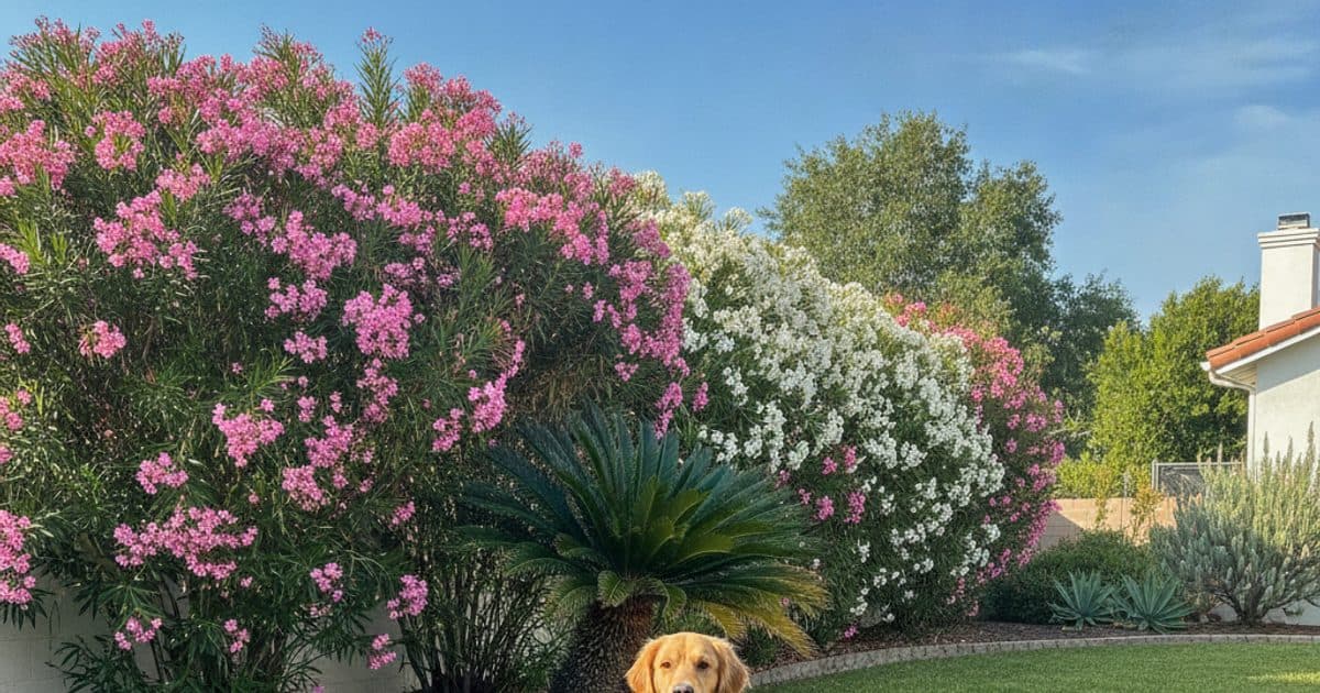 A dog in a California yard near an oleander hedge and a sago palm, two of the most common toxic landscape plants for pets in the state