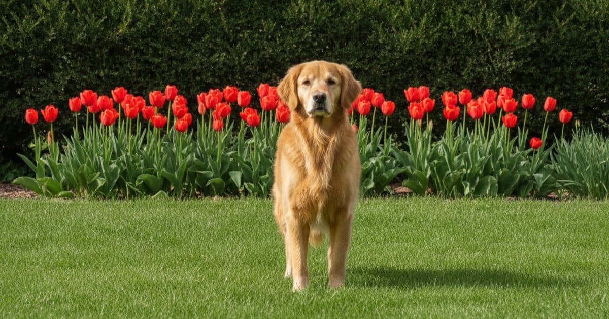A dog in a Colorado Front Range yard near a yew hedge and spring tulips, common toxic landscape plants for pets
