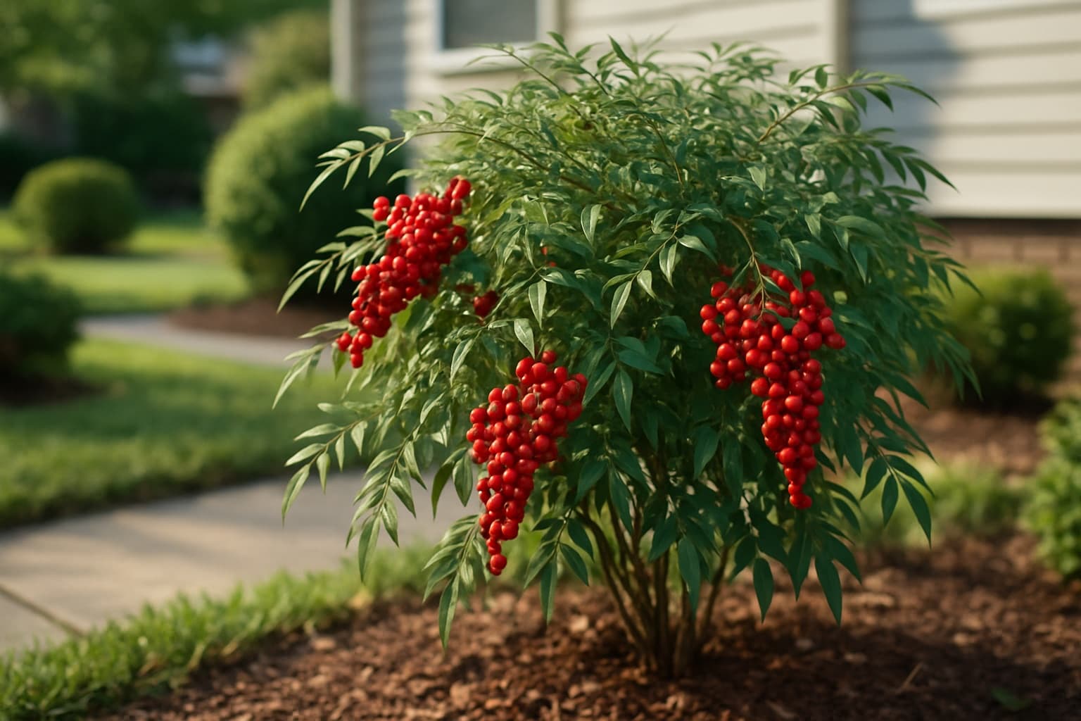Nandina shrub with drooping clusters of bright red berries and fine compound leaves in a suburban foundation planting