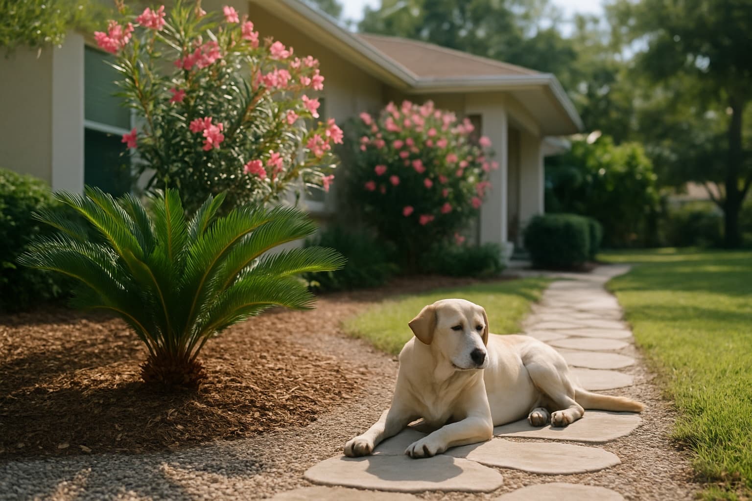 A Florida front yard with a dog on a path, a sago palm and oleander in the foreground marked as plants to avoid