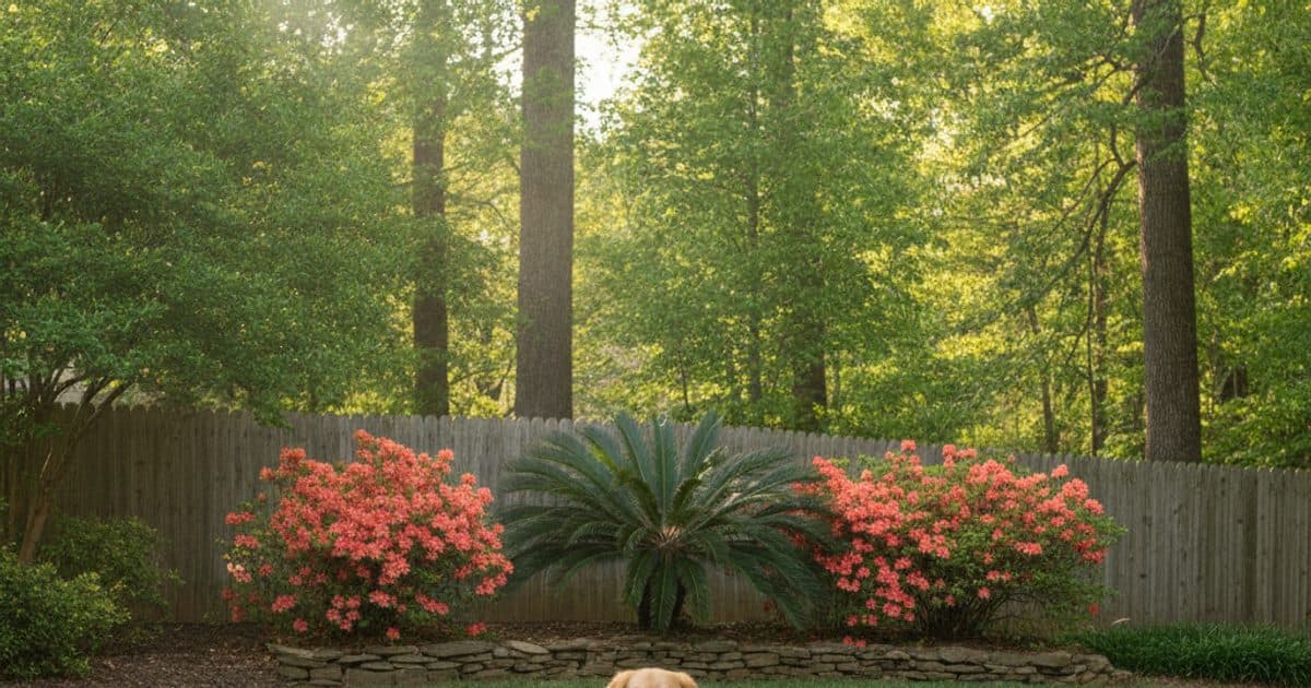 A dog in a Georgia backyard near an azalea and a sago palm, two of the most common toxic landscape plants for pets in the Southeast
