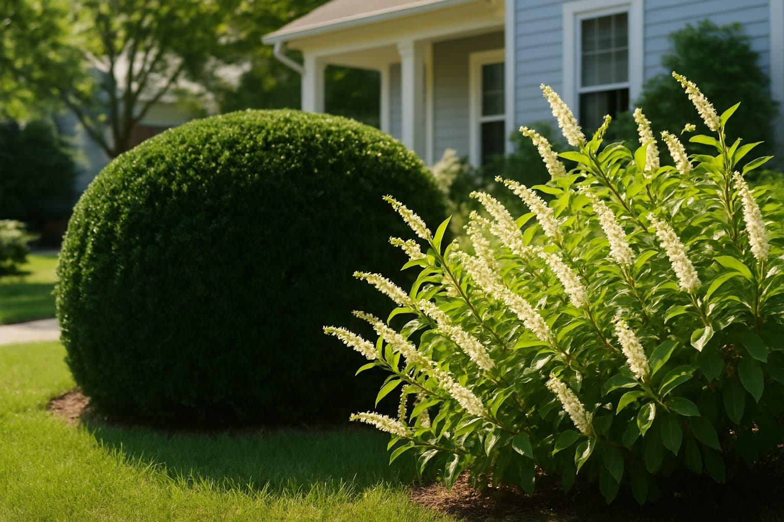 A North Carolina front yard with a clipped yew hedge next to a native Virginia sweetspire shrub in bloom