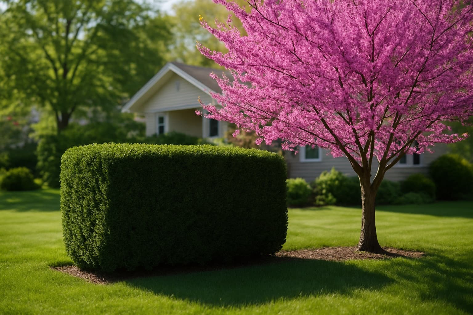 An Ohio yard with a clipped yew hedge next to a native redbud tree in spring bloom