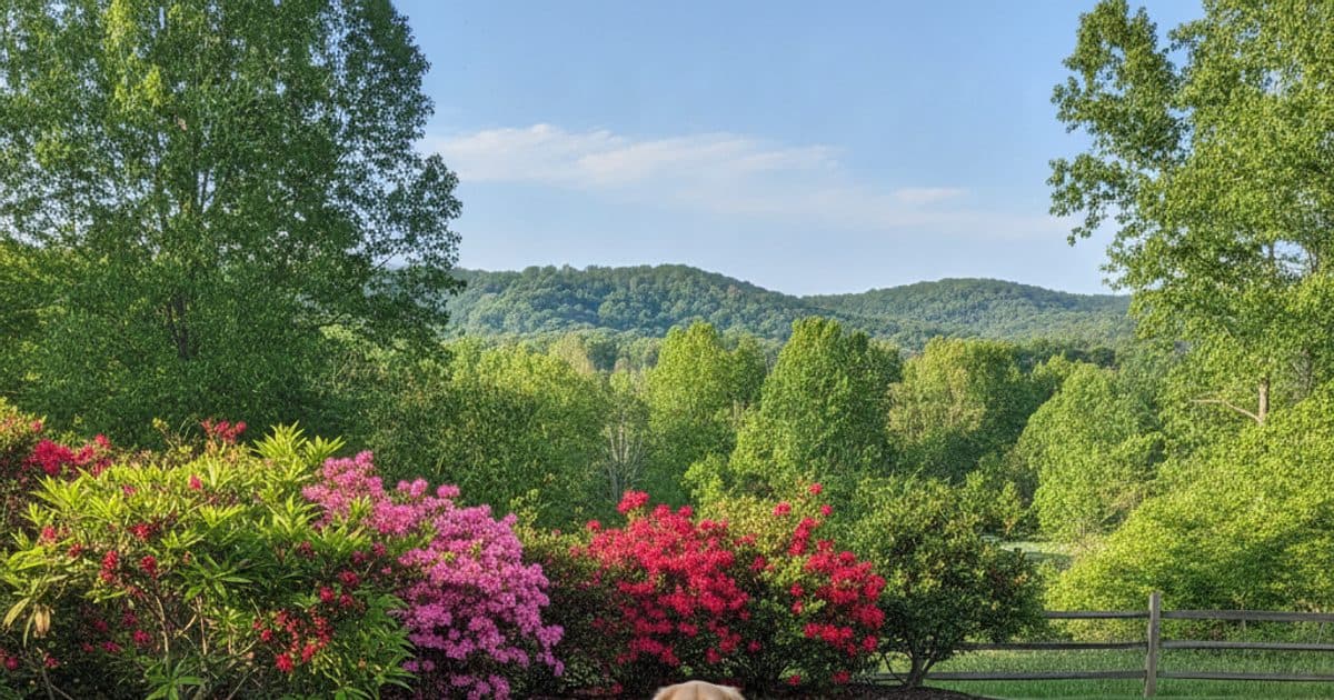A dog in a Middle Tennessee yard near an azalea and nandina, two of the most common toxic landscape plants for pets