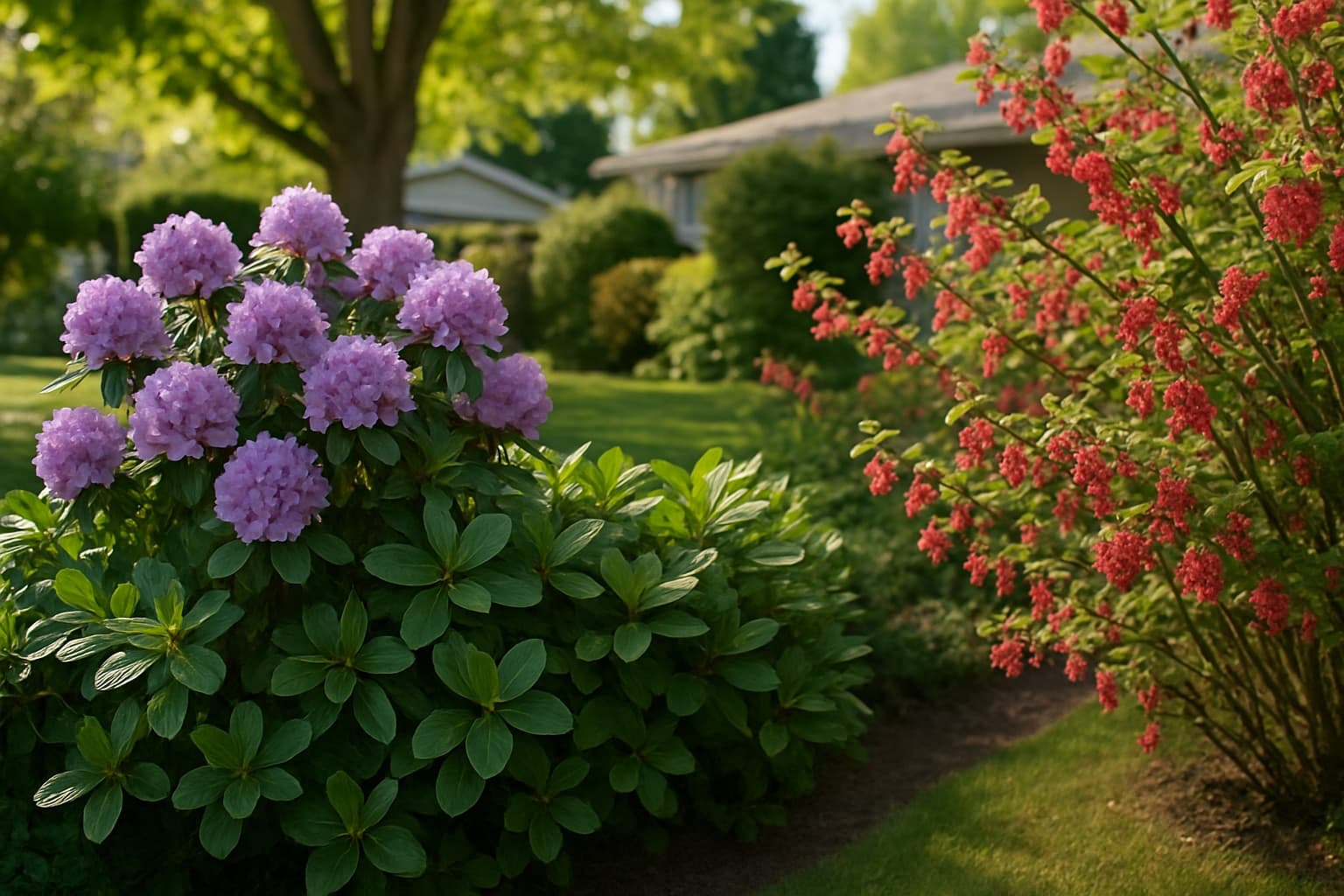 A Puget Sound area yard with blooming rhododendrons next to native salal and red flowering currant