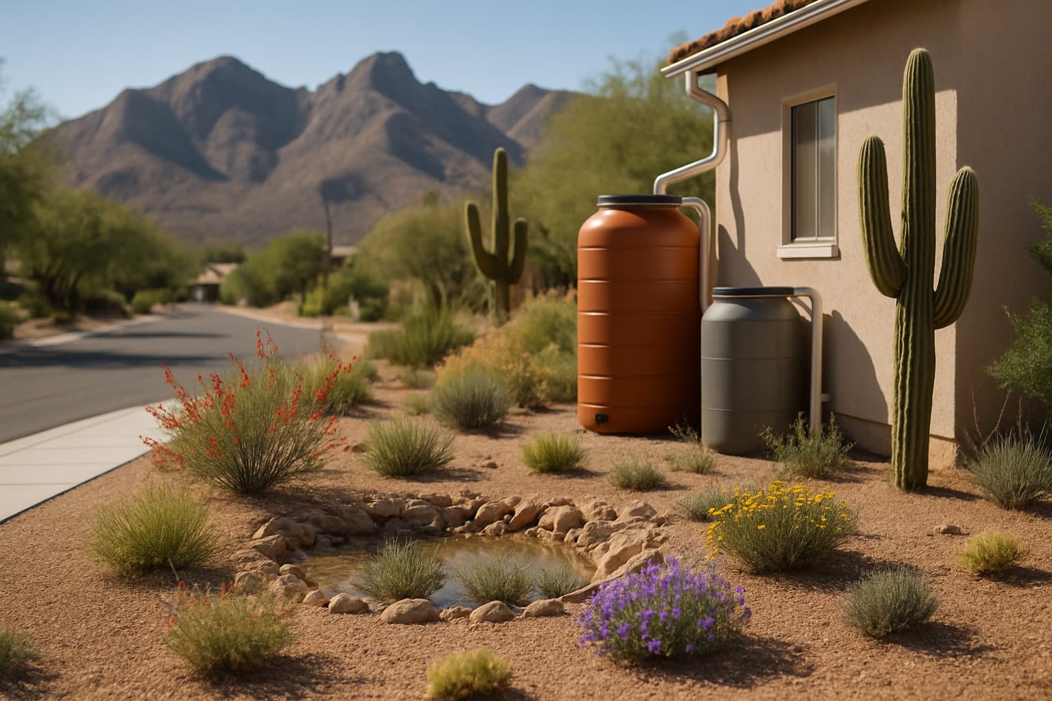 A Tucson desert front yard with a rain cistern and a shallow rain-garden basin planted with desert natives, saguaro and mountains behind