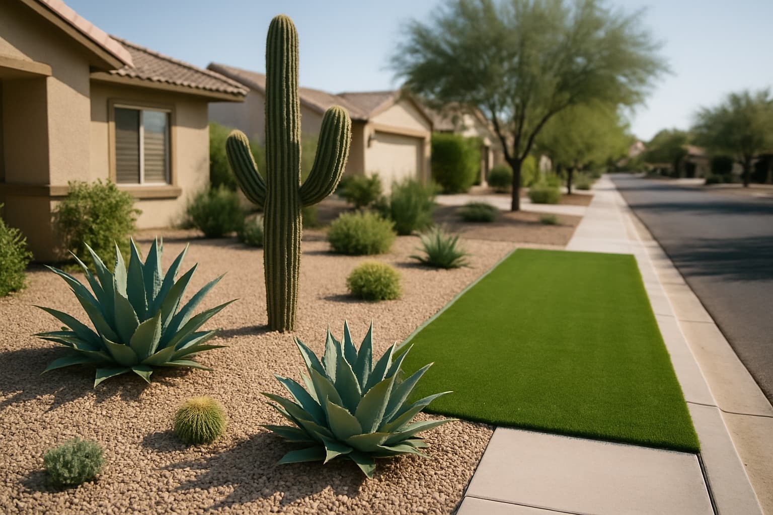 A tidy Arizona desert-landscaped front yard with gravel, agave, and a saguaro on a calm suburban Phoenix street