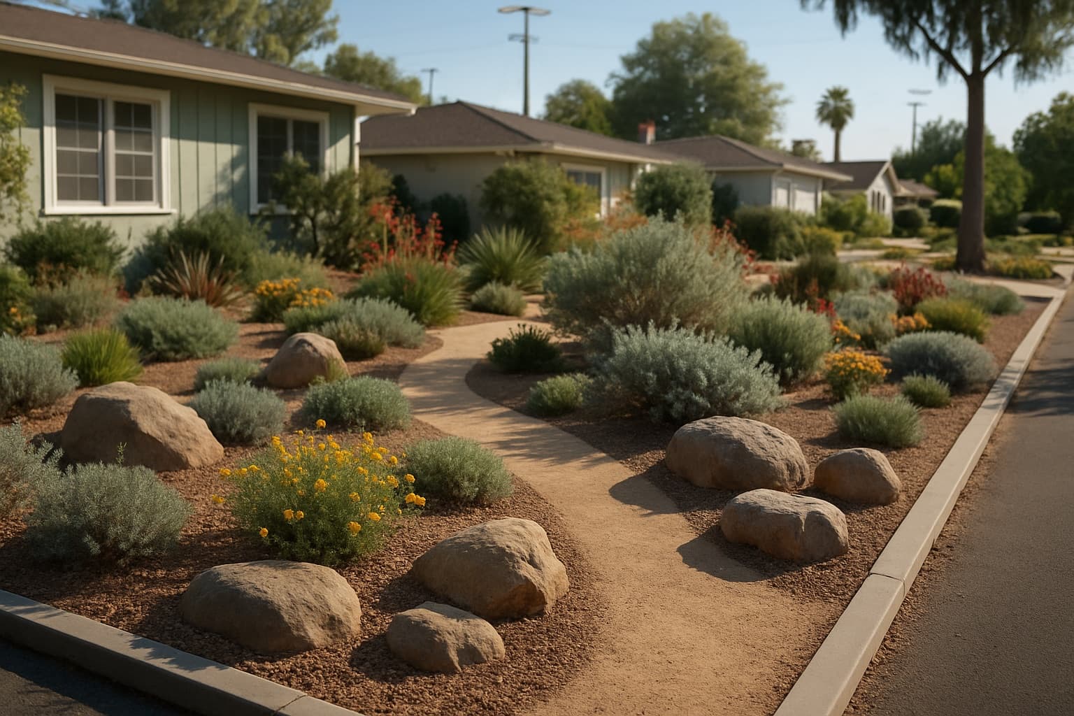 A California front yard with drought-tolerant native plants, gravel, and boulders replacing lawn in a suburban neighborhood