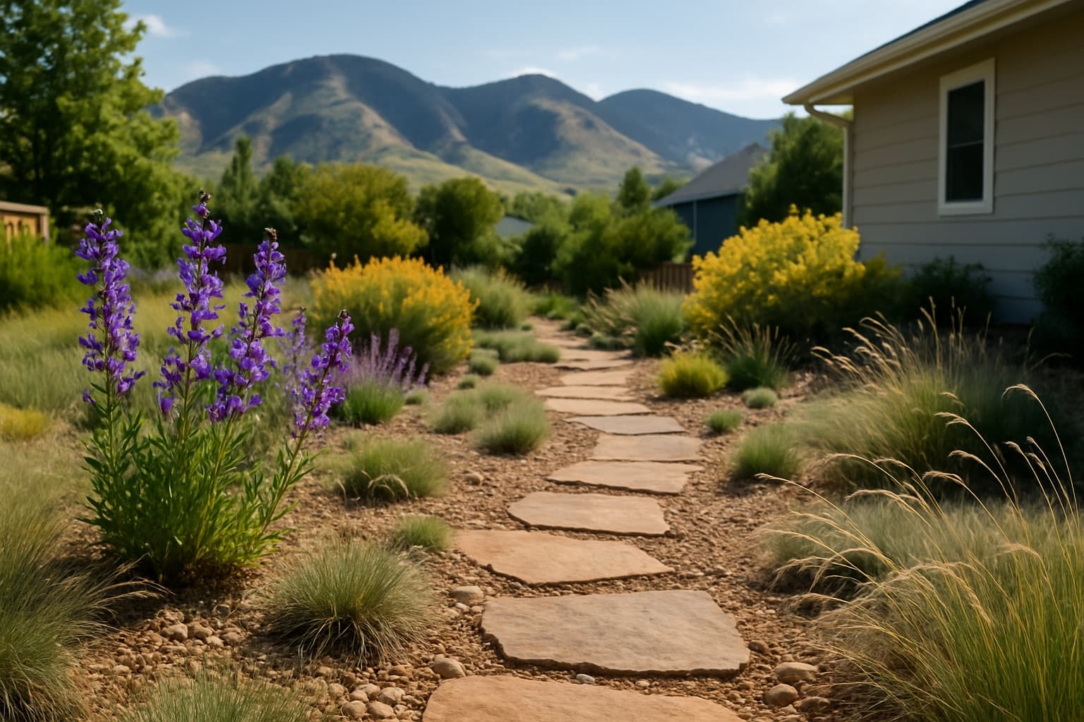 A water-wise Colorado front yard with xeriscape native plants, ornamental grasses, and a path, with foothills in the background