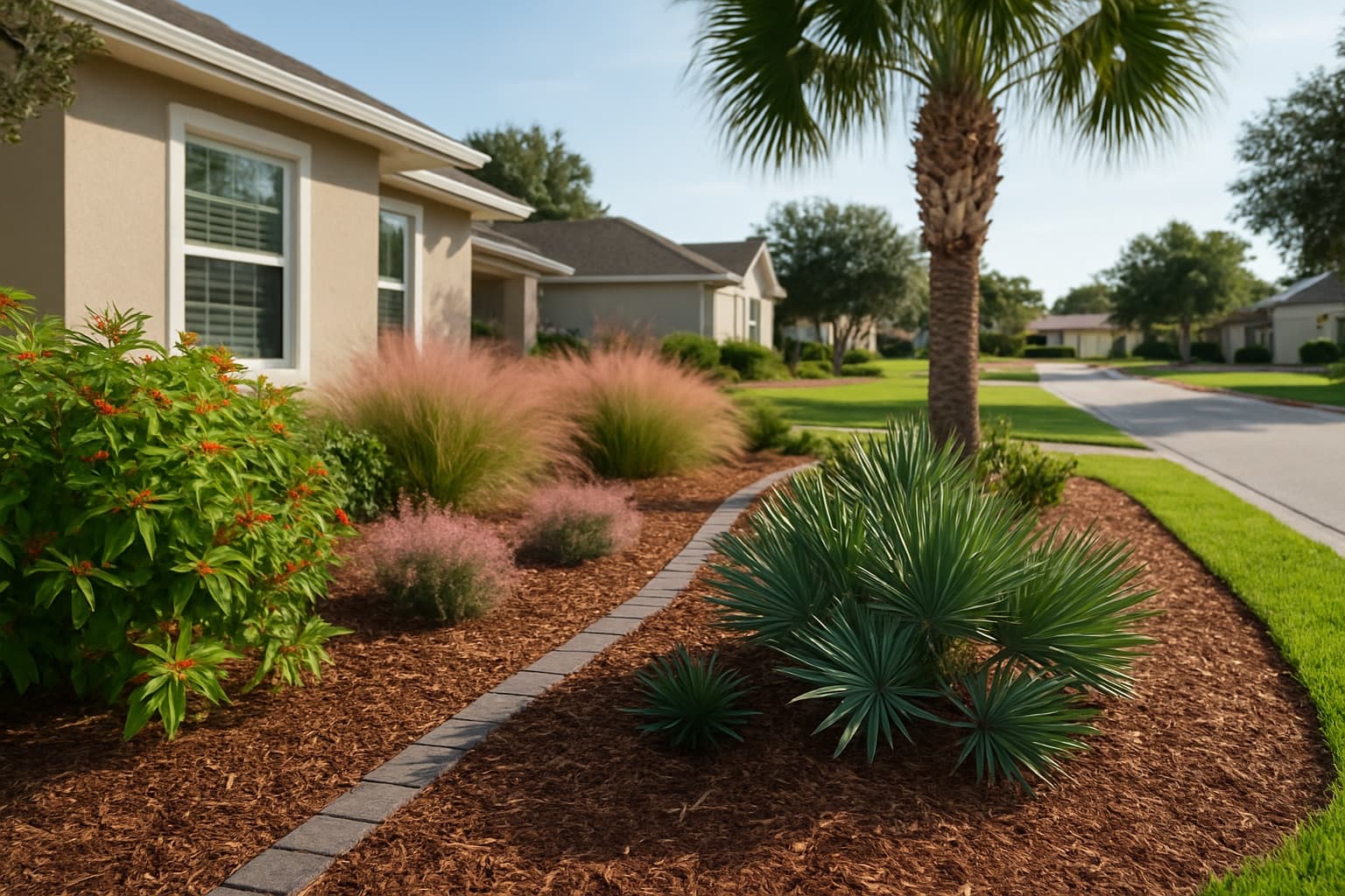 A Florida-Friendly front yard of native plants and mulched beds in a suburban Florida neighborhood with a palm in the background