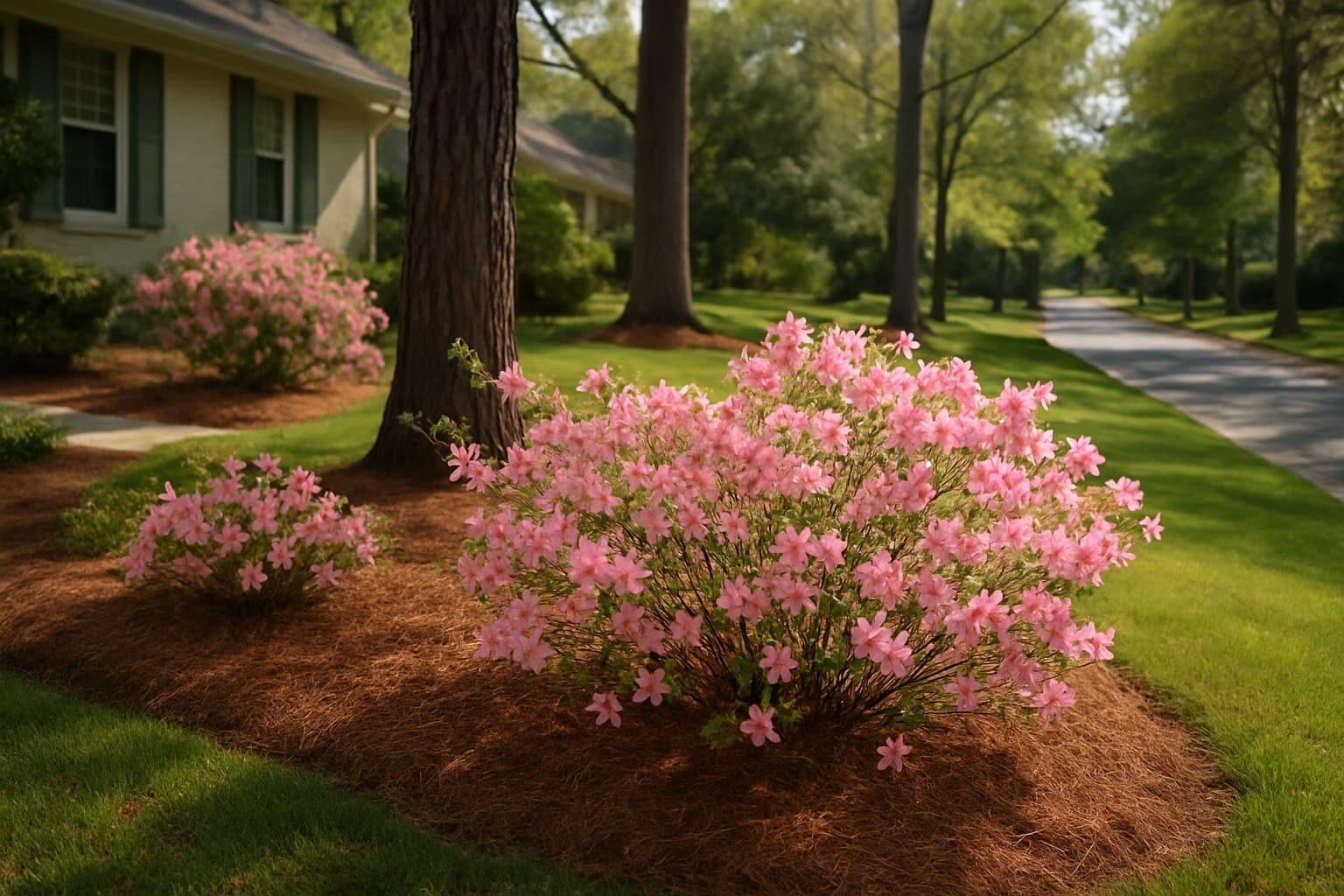 A neat suburban Georgia front yard with native azaleas and pine straw mulch on a calm residential street