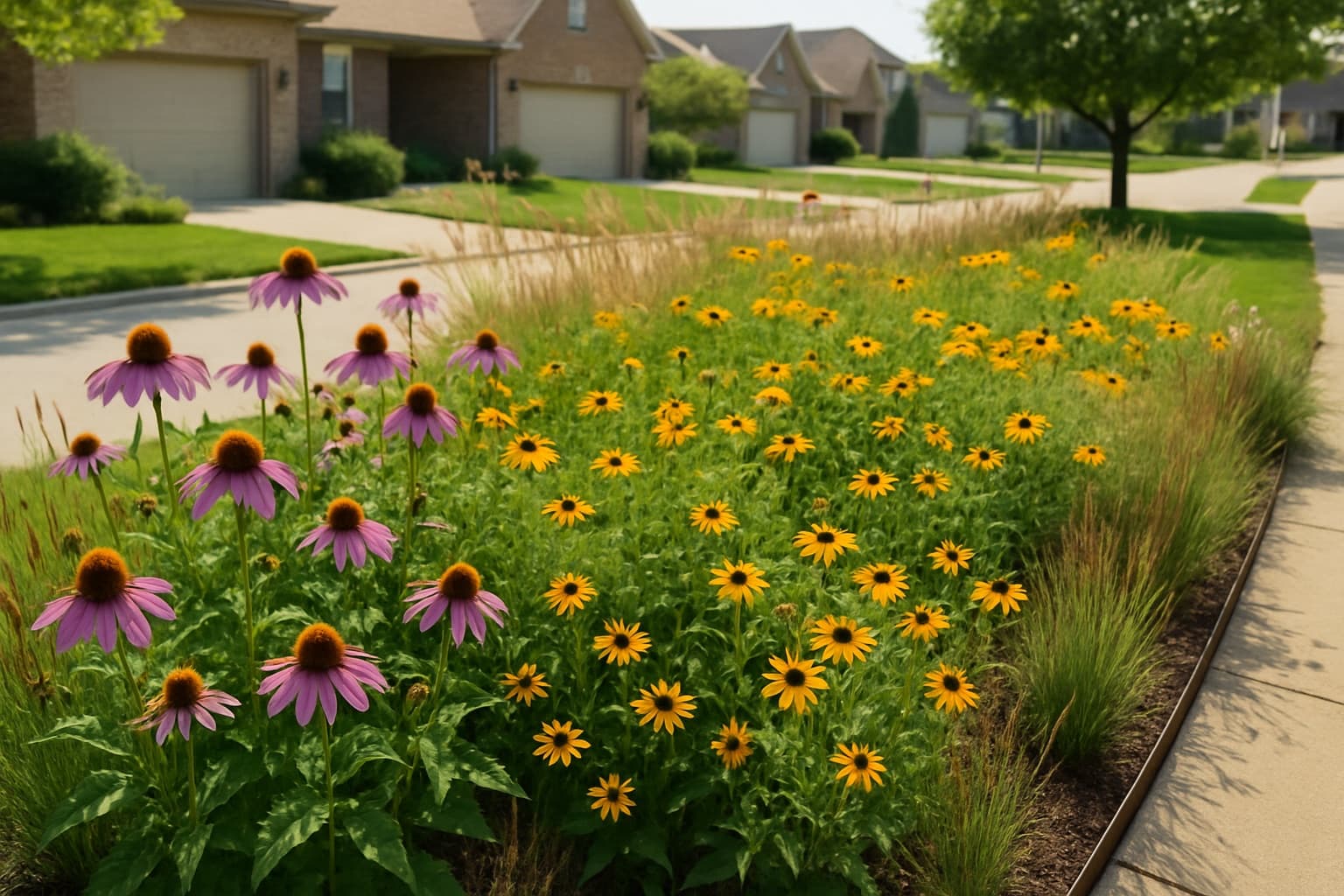 A maintained Illinois front-yard native garden with coneflower, prairie grasses, and clean edging in a suburban Midwest neighborhood