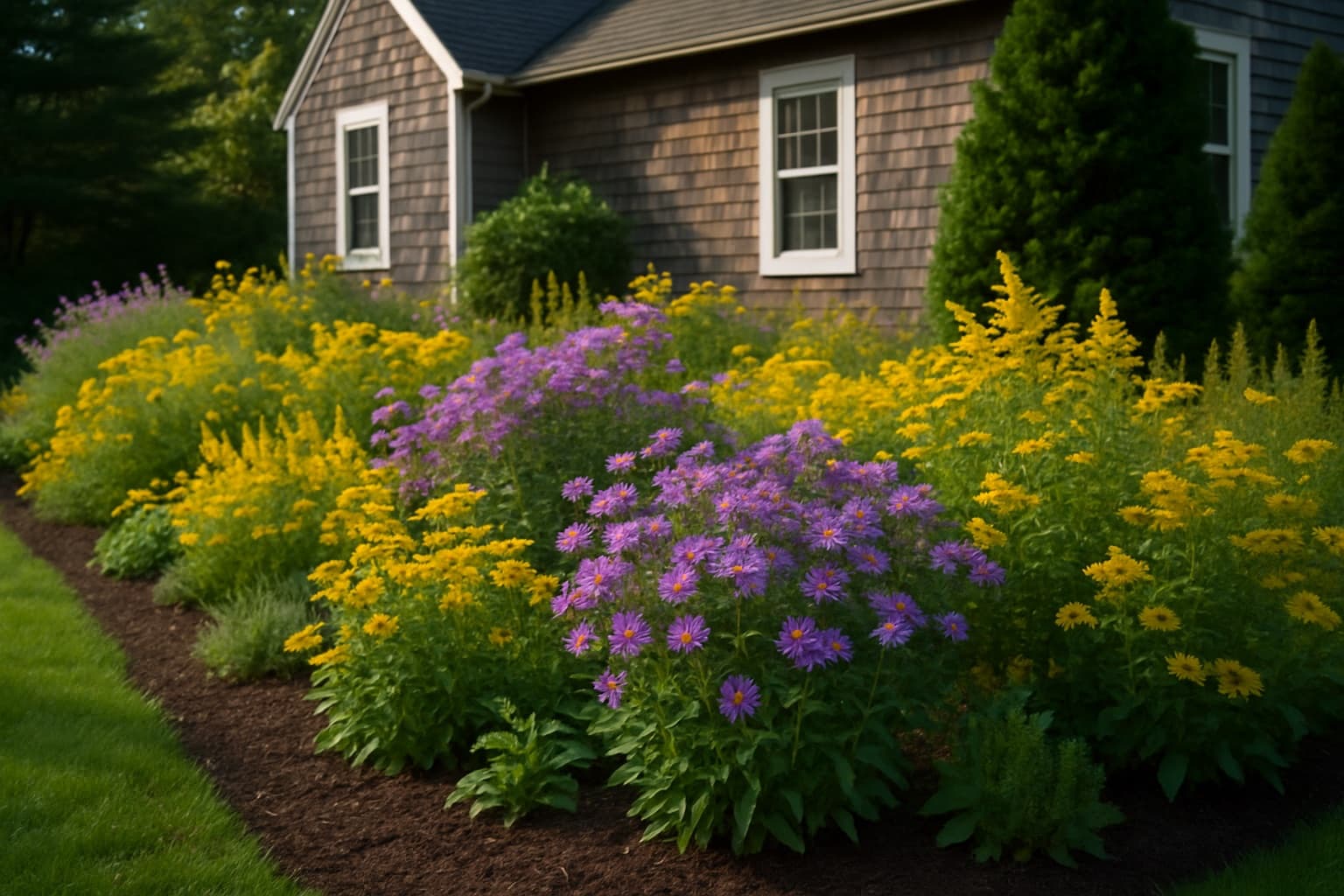 A maintained Maine front-yard pollinator garden with native perennials and clean borders in a New England neighborhood