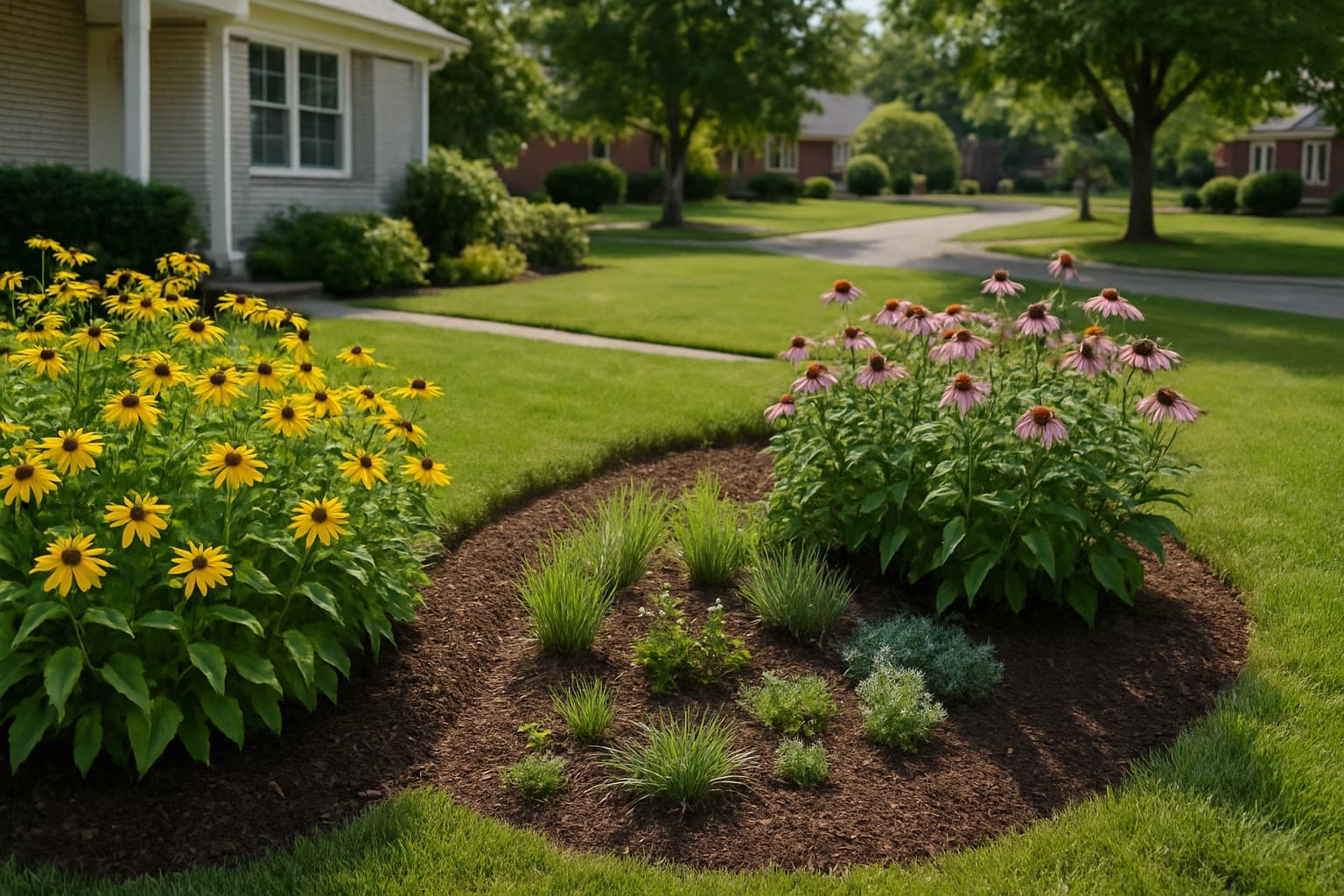 A Maryland front-yard pollinator garden with native perennials and a rain garden in a suburban Mid-Atlantic neighborhood