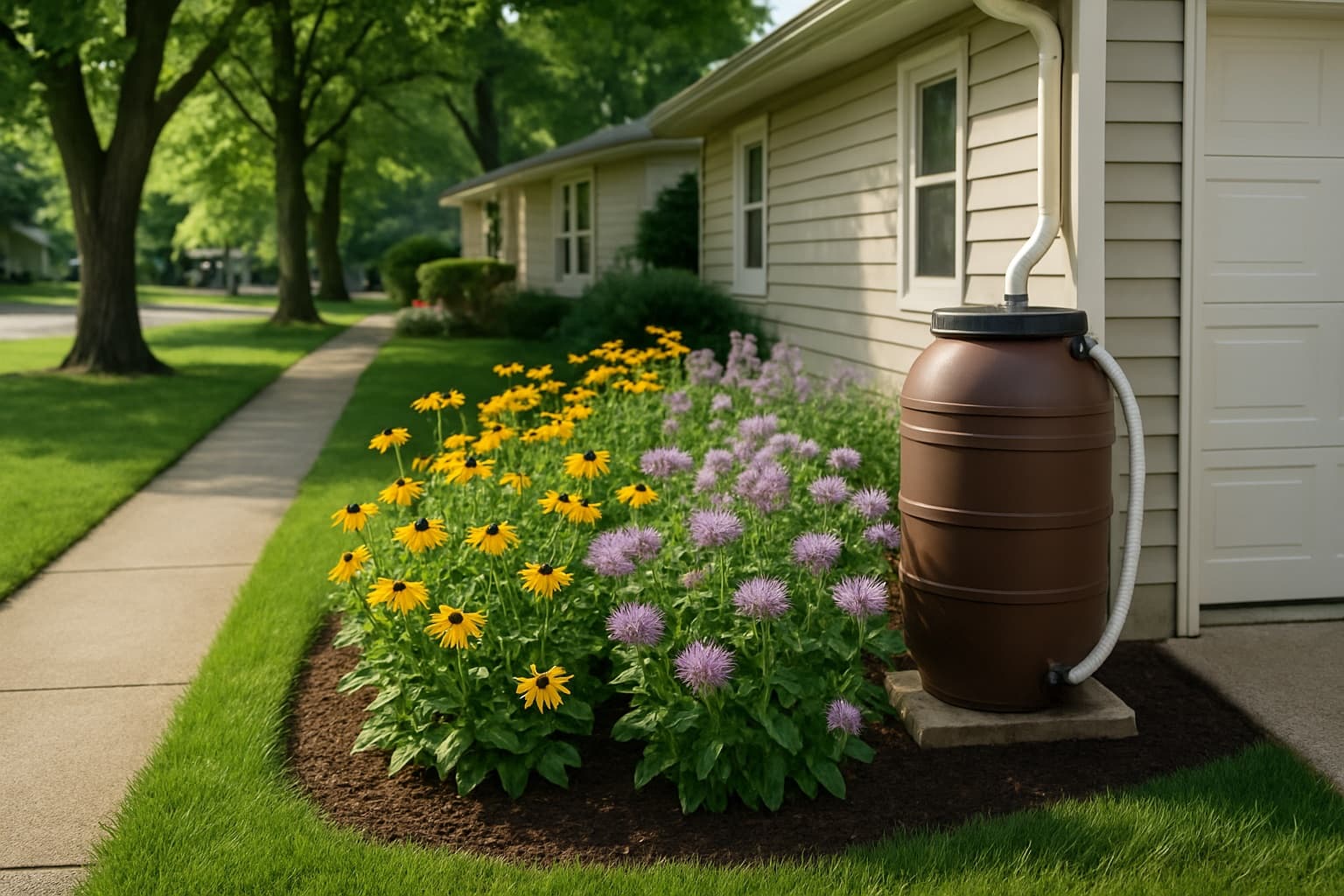 A tidy Michigan front yard in summer with a rain barrel on a downspout beside the garage and a mulched bed of black-eyed Susans and wild bergamot along the walkway