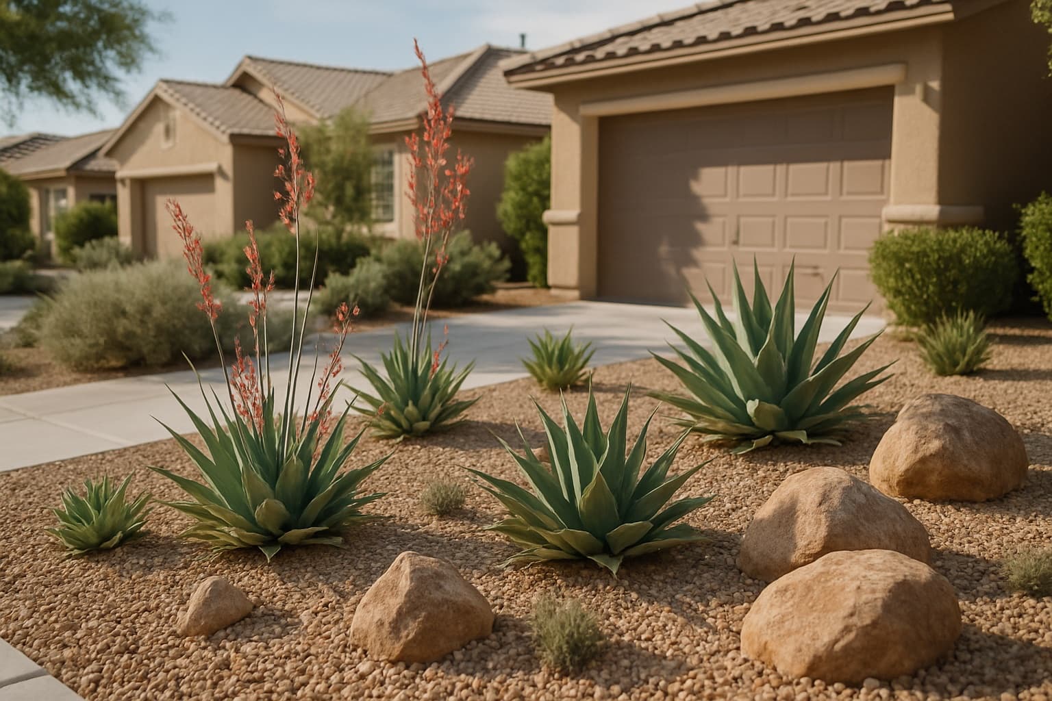 A desert-adapted Nevada front yard with drought-tolerant plants, decorative rock, and agave replacing lawn, in a Las Vegas-area neighborhood