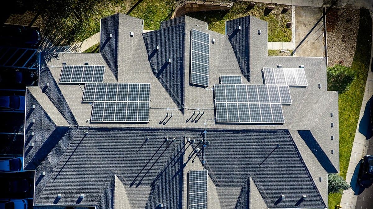 An aerial view of a residential asphalt-shingle roof with two rows of black rooftop solar panels installed