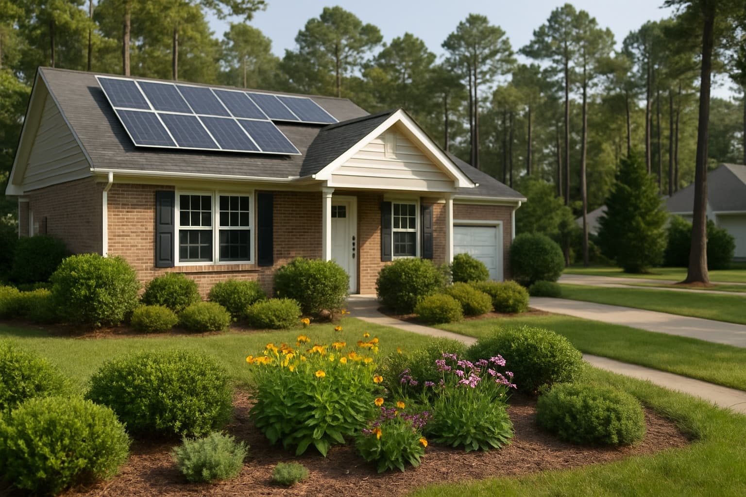 A tidy North Carolina suburban front yard with native shrubs and rooftop solar panels on a calm Raleigh-area street lined with pine trees