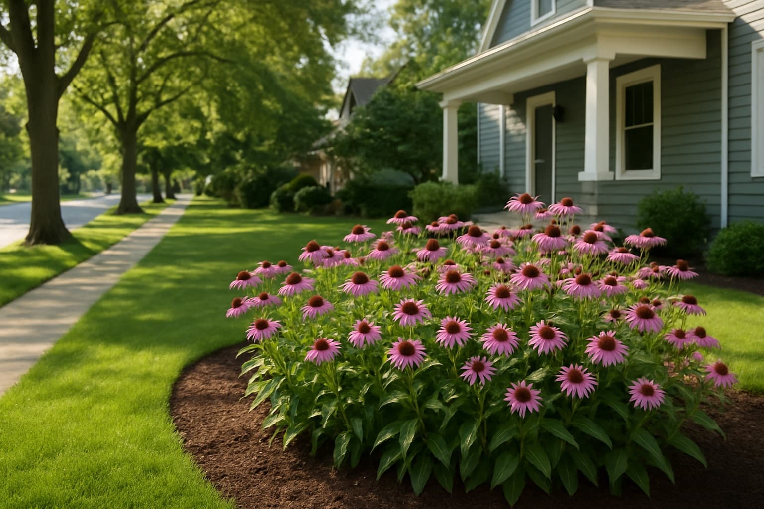 A tidy Pennsylvania suburban front yard with native purple coneflowers and a defined mulch border on a calm tree-lined street