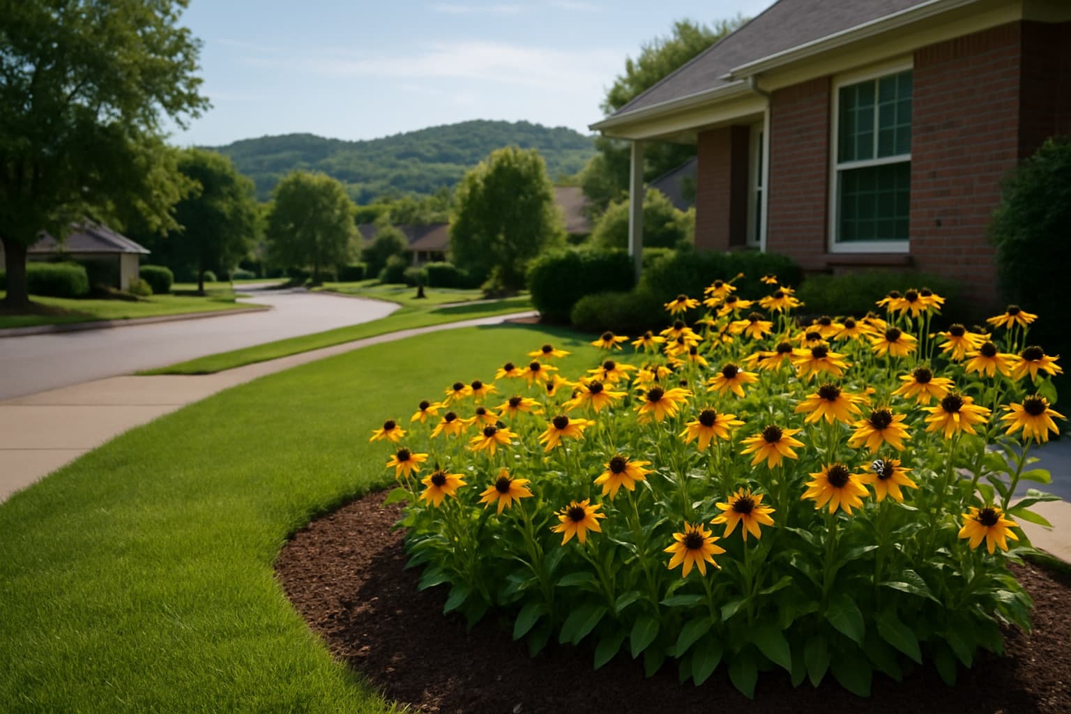 A tidy Tennessee suburban front yard with native black-eyed Susans and a clean mulch border on a calm Nashville-area street with rolling green hills behind