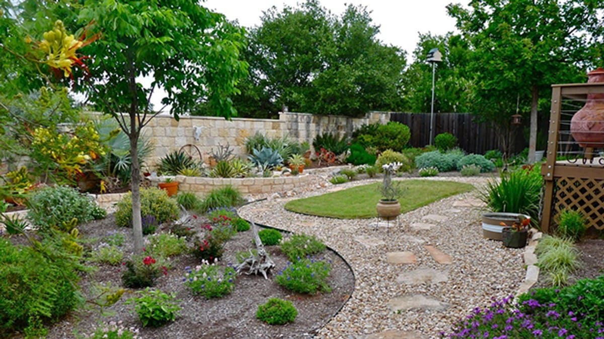 A backyard with curved gravel paths, stone edging, and mulched native and drought-tolerant planting beds around a small lawn