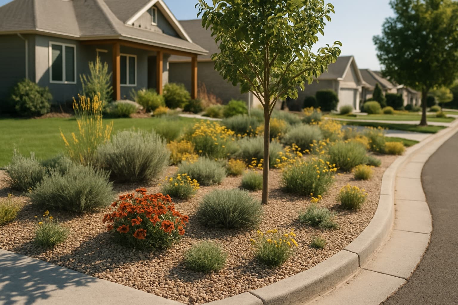 A water-wise Utah front yard with the park strip converted to native plants and gravel instead of lawn, in a suburban neighborhood