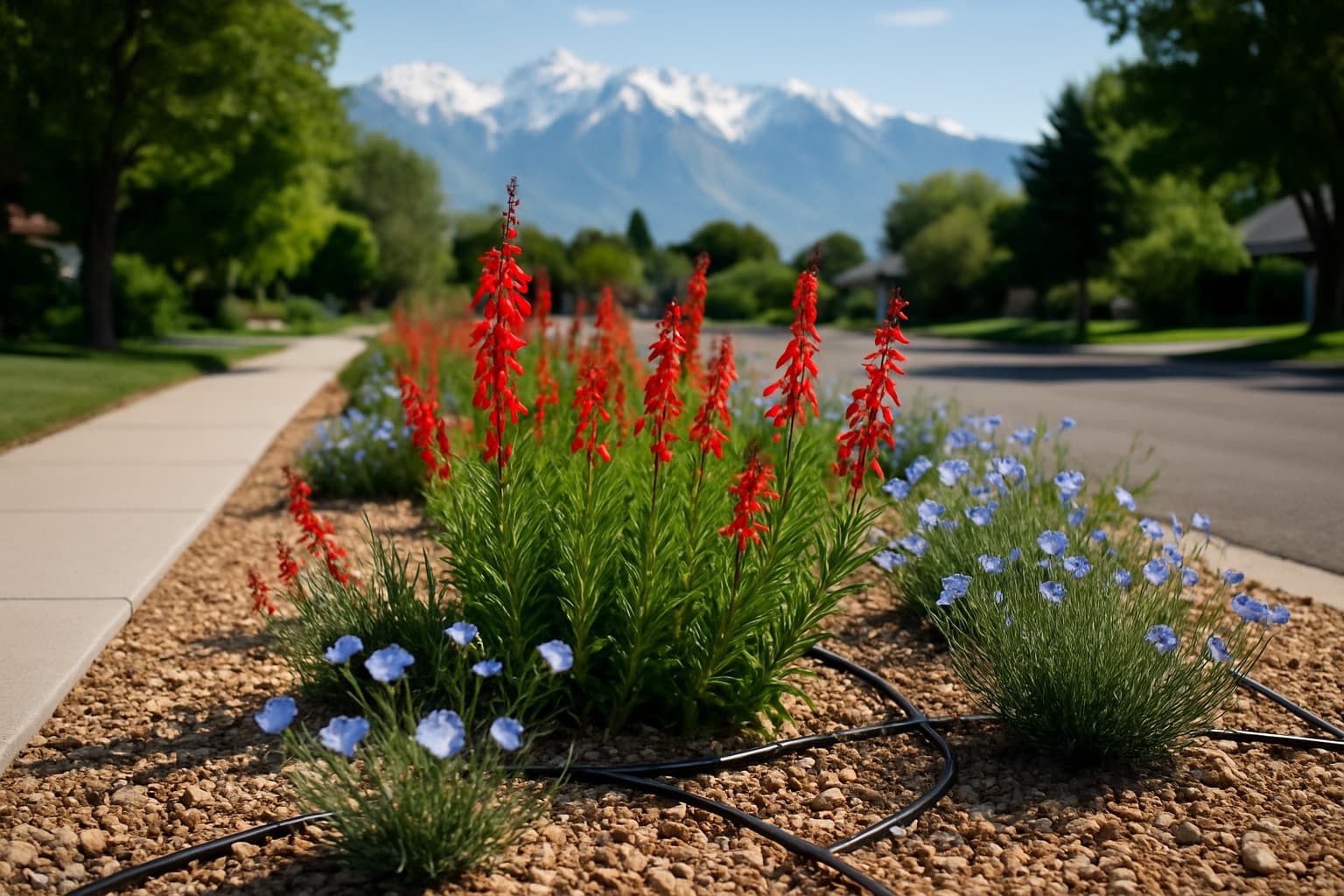 A Salt Lake City park strip converted from lawn to waterwise landscaping with firecracker penstemon and blue flax, Wasatch mountains in the distance