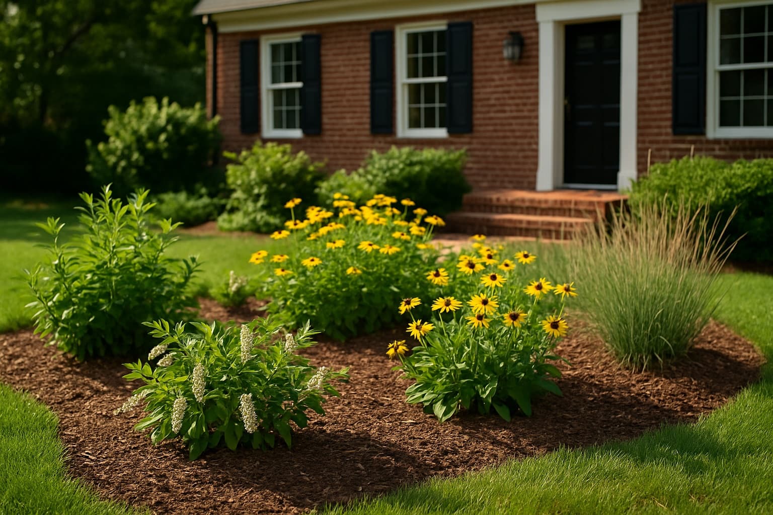 A Virginia front yard conservation landscaping project with native shrubs and perennials replacing a section of turf, a colonial-style home in the background