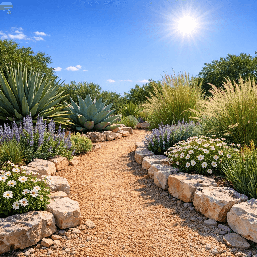Drought-tolerant native Texas garden with mulched beds and defined borders