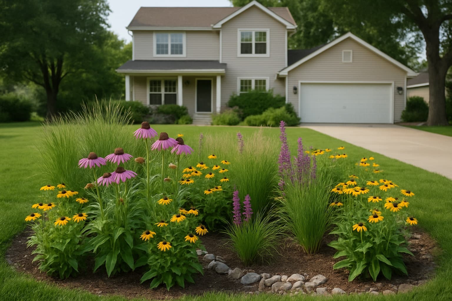 A Des Moines-area Iowa front yard bio-retention cell planted with native perennials and grasses, a suburban Waukee home visible behind it.