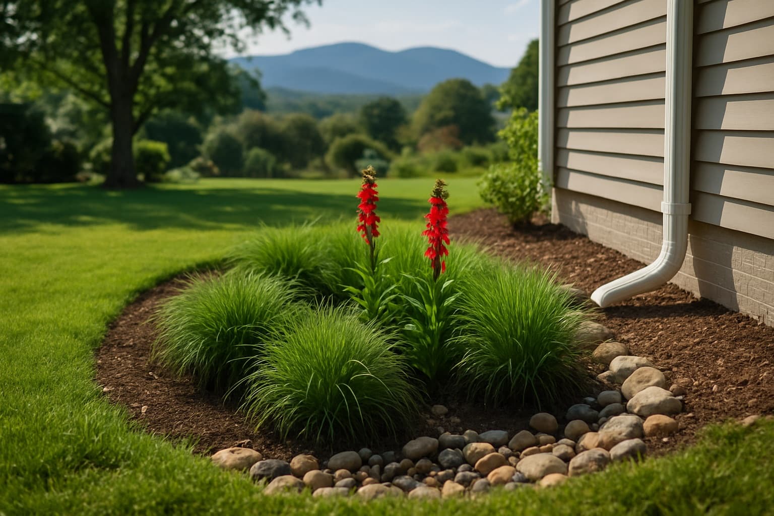 A Waynesboro, Virginia residential yard with a native rain garden and downspout planting bed installed along the foundation, Blue Ridge Mountains in the distance