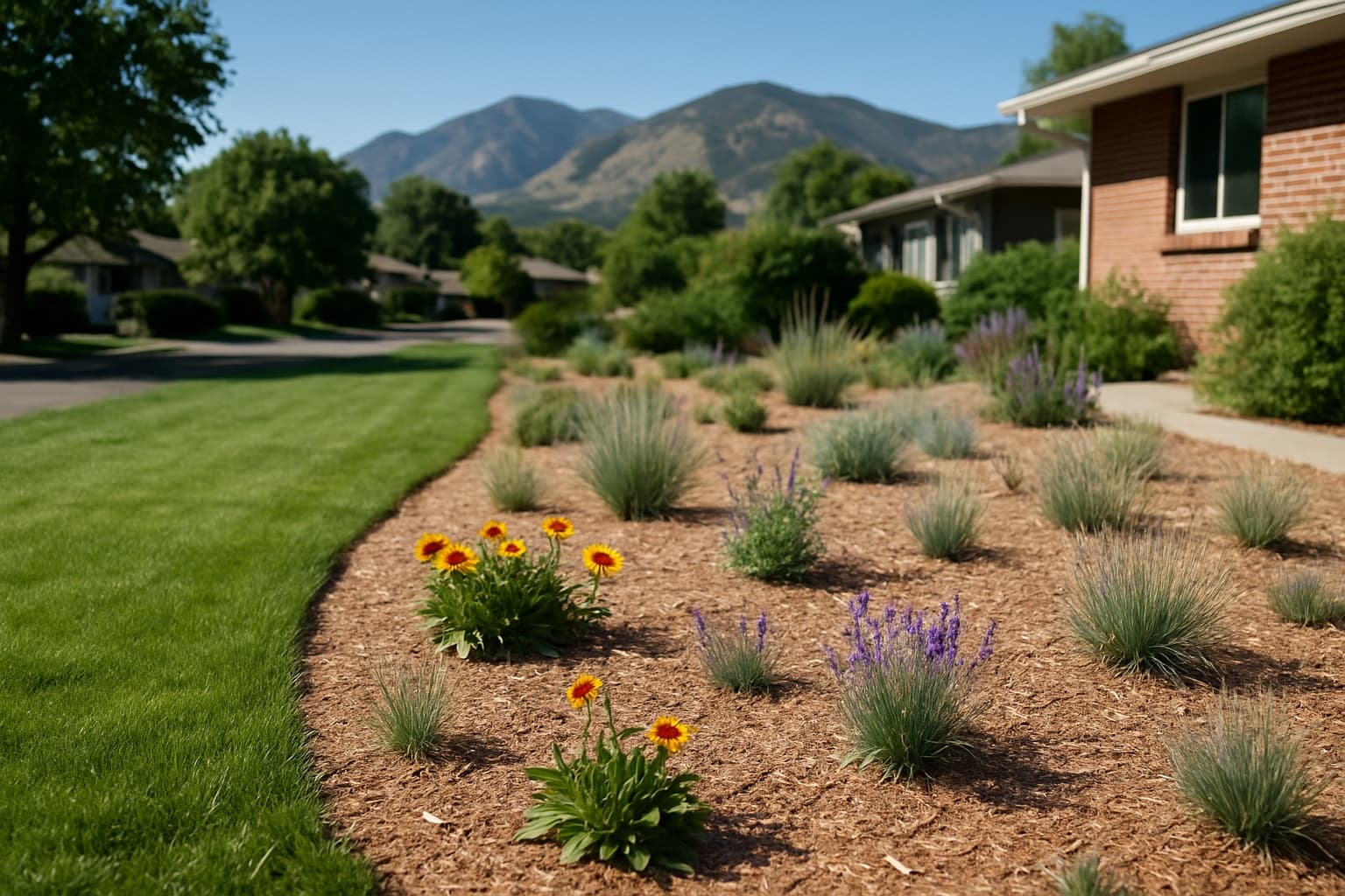 A Front Range Colorado front yard mid-conversion, native grasses and low-water perennials replacing a strip of lawn, foothills visible in the distance.